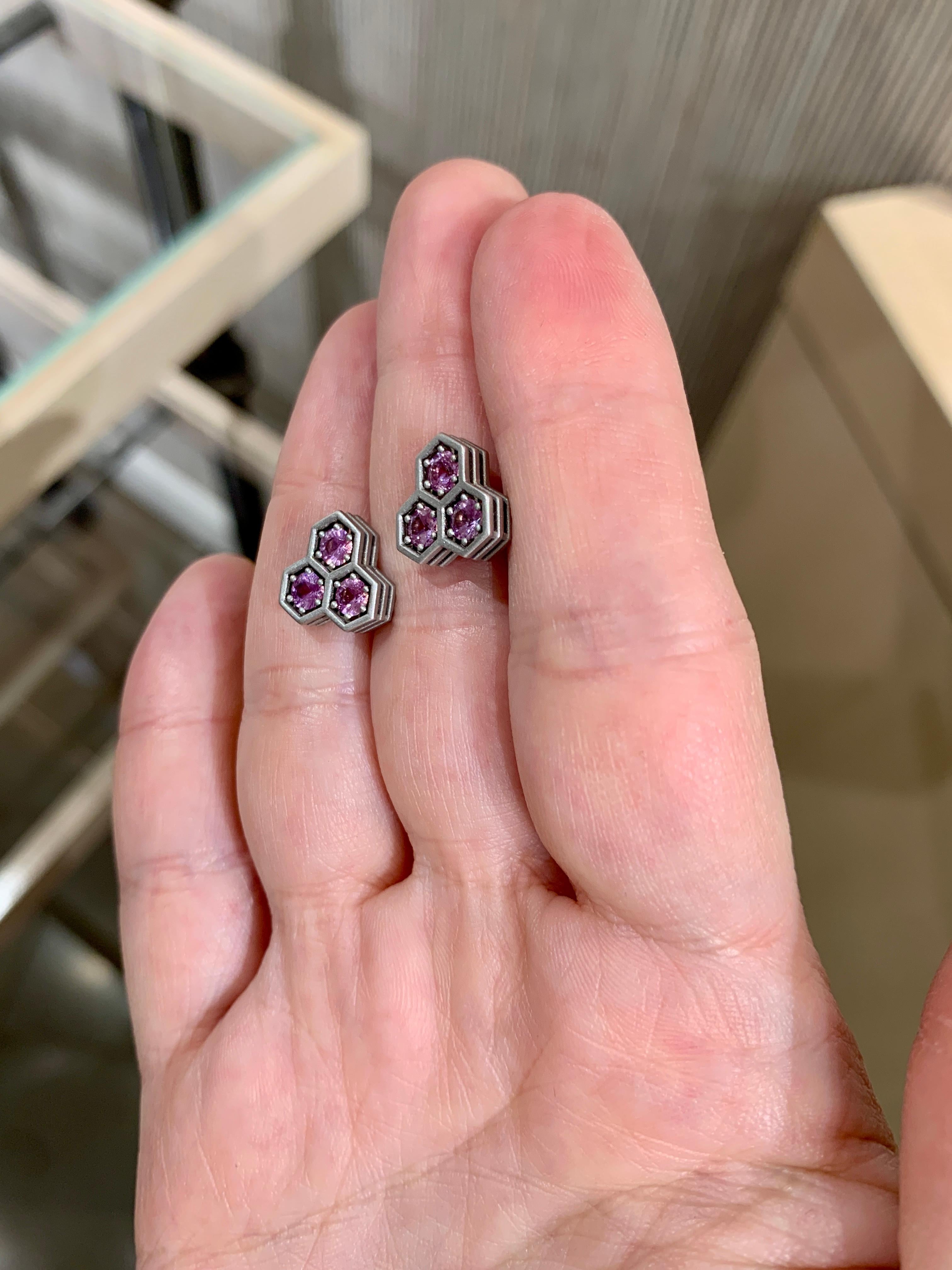 Brilliant Cut Brilliant-Cut Pink Sapphire Triple Hex White Gold Stud Earrings, Roule & Co 2022 For Sale