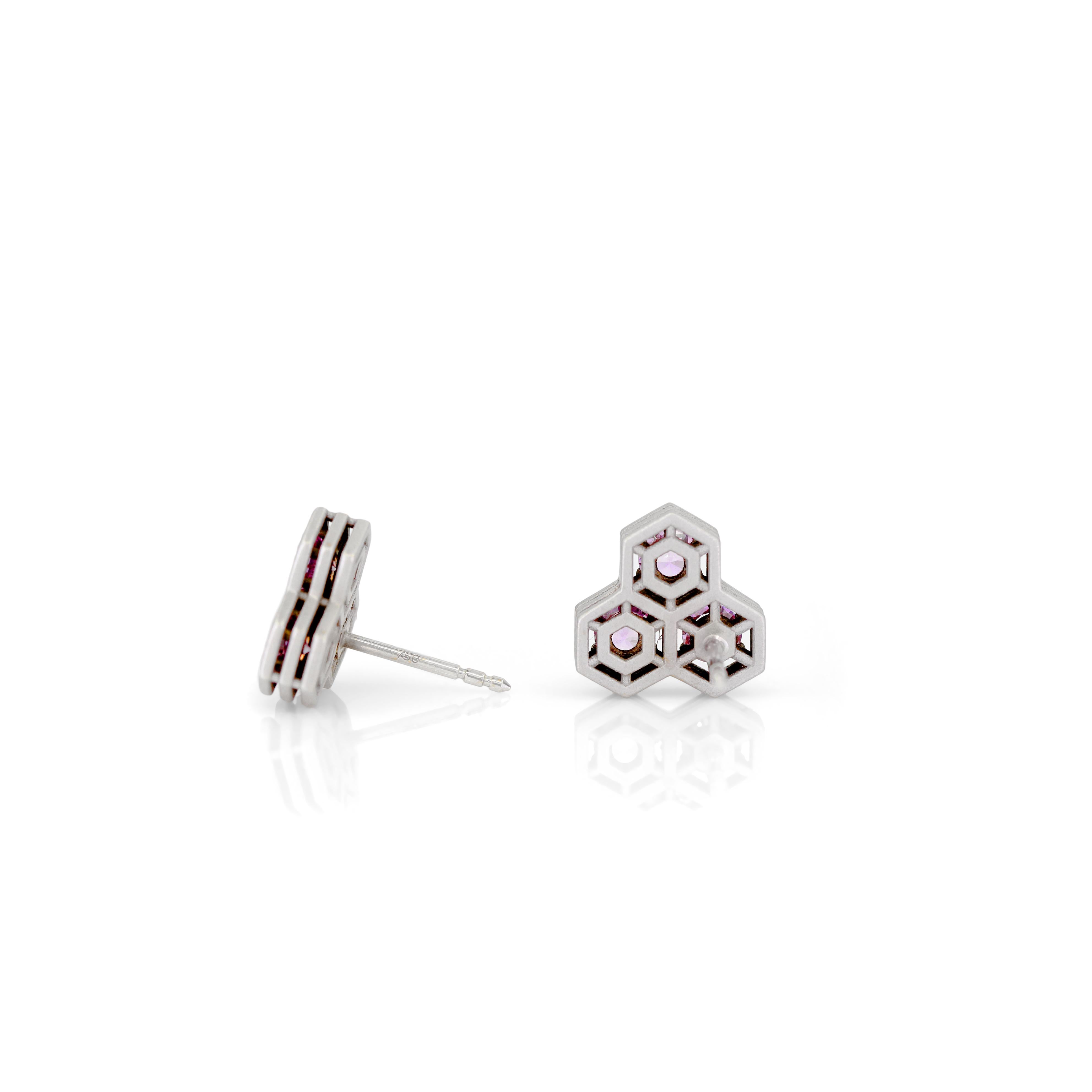 Brilliant-Cut Pink Sapphire Triple Hex White Gold Stud Earrings, Roule & Co 2022 In New Condition For Sale In Dallas, TX
