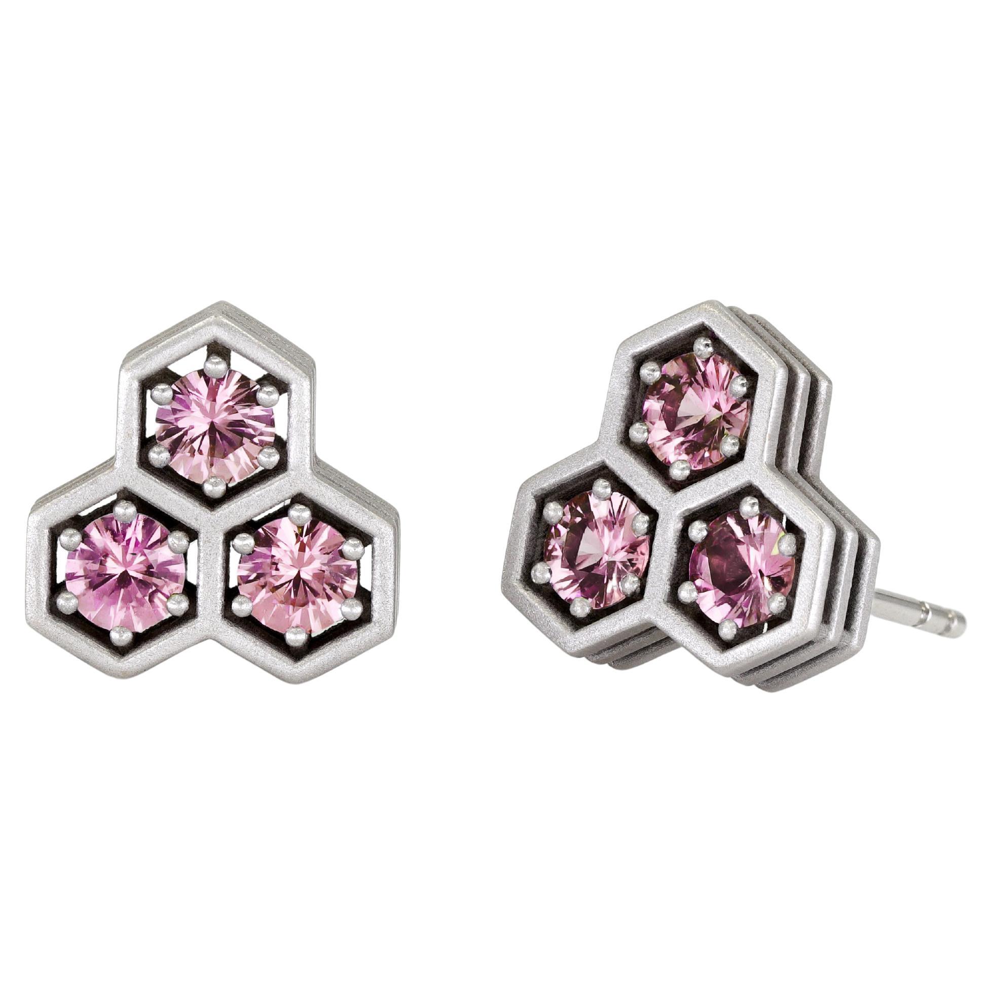 Brilliant-Cut Pink Sapphire Triple Hex White Gold Stud Earrings, Roule & Co 2022