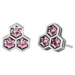 Brilliant-Cut Pink Sapphire Triple Hex White Gold Stud Earrings, Roule & Co 2022