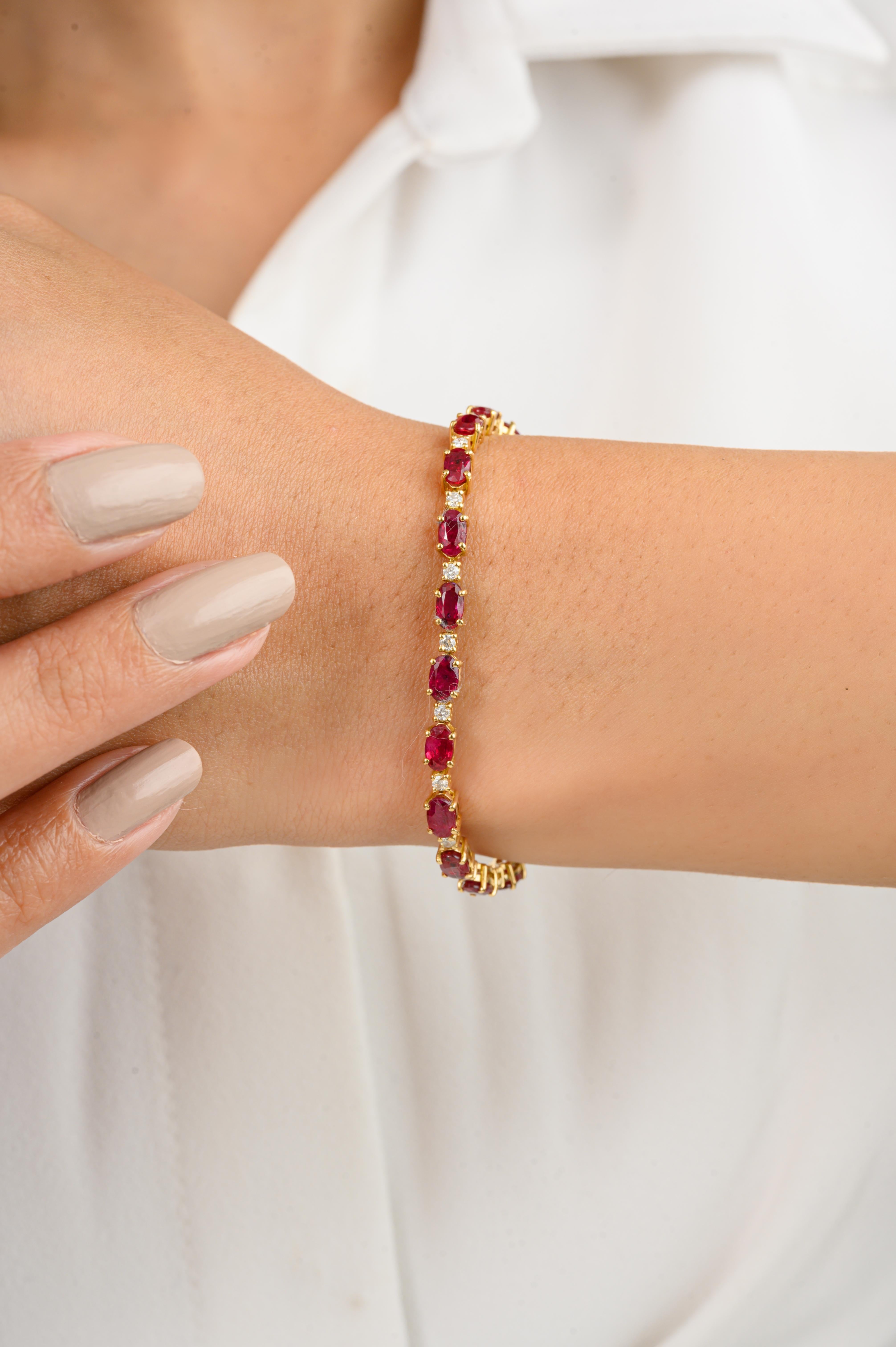 This Brilliant Cut Ruby Diamond Wedding Bracelet for Mom in 18K gold showcases endlessly sparkling natural ruby, weighing 7.92 carat and diamonds weighing 0.4 carats. It measures 7.5 inches long in length. 
Ruby improves mental strength.
Designed