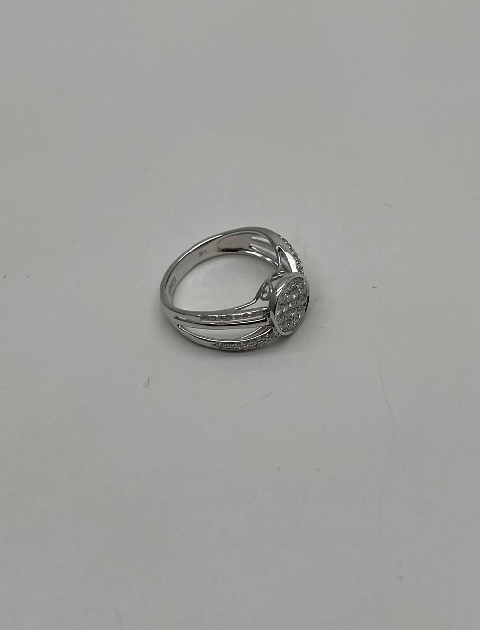This exquisite piece features a stunning circular cluster of diamonds set in a sleek, polished band. The central design is accentuated by a halo of smaller diamonds, creating a dazzling effect. The band is adorned with additional diamond accents,