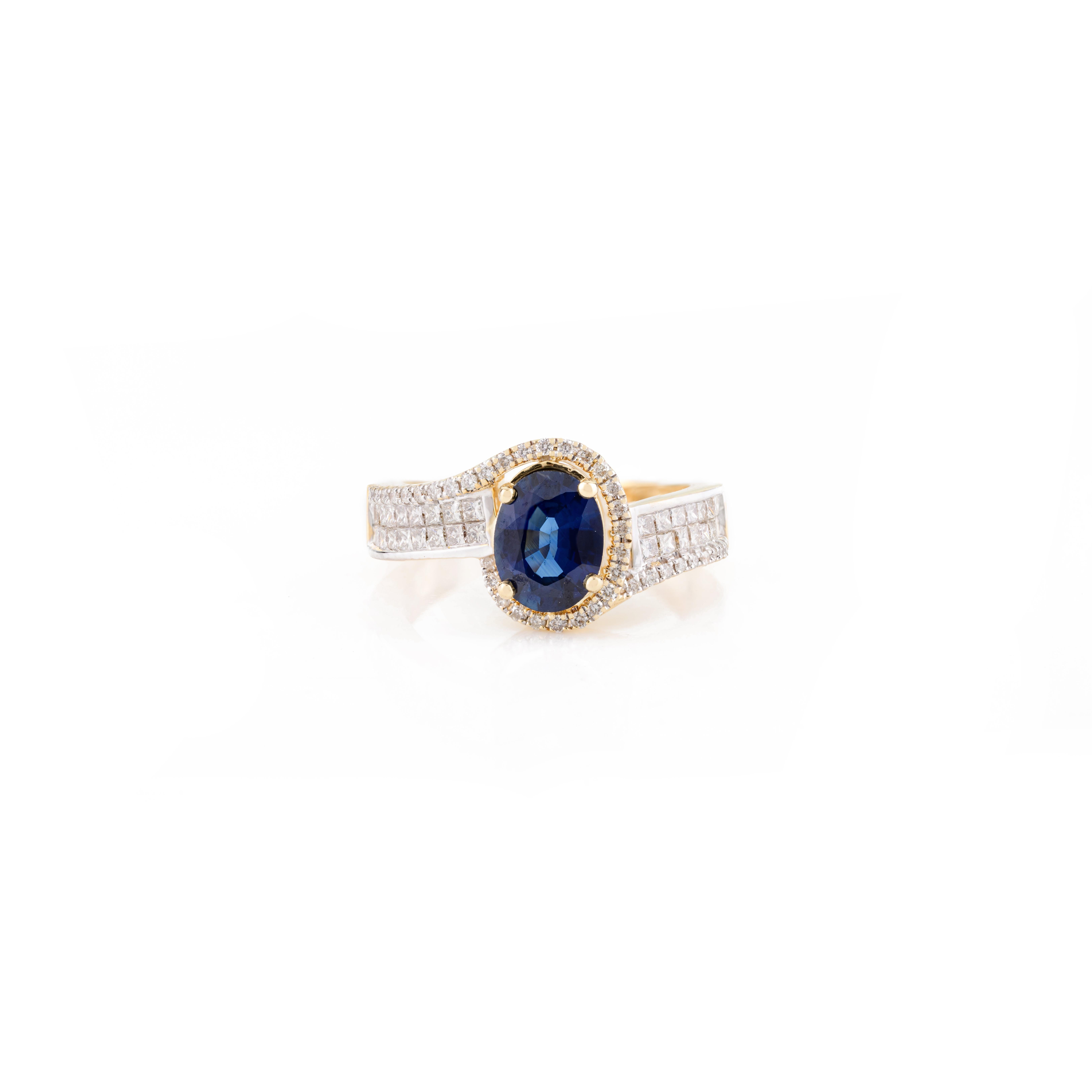 For Sale:  Brilliant Deep Blue Sapphire Diamond Studded Engagement Ring in 18k Yellow Gold 3