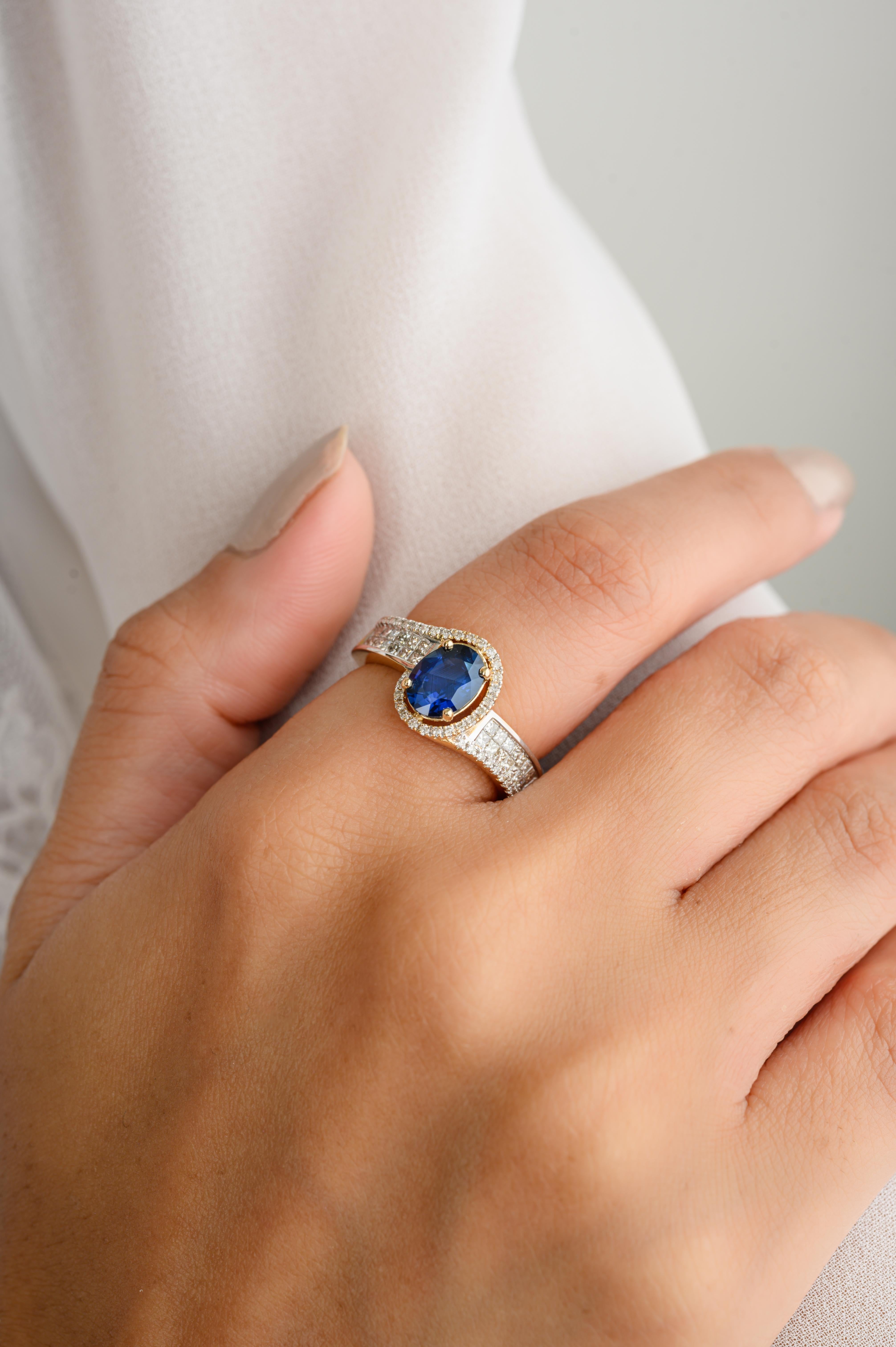 For Sale:  Brilliant Deep Blue Sapphire Diamond Studded Engagement Ring in 18k Yellow Gold 8