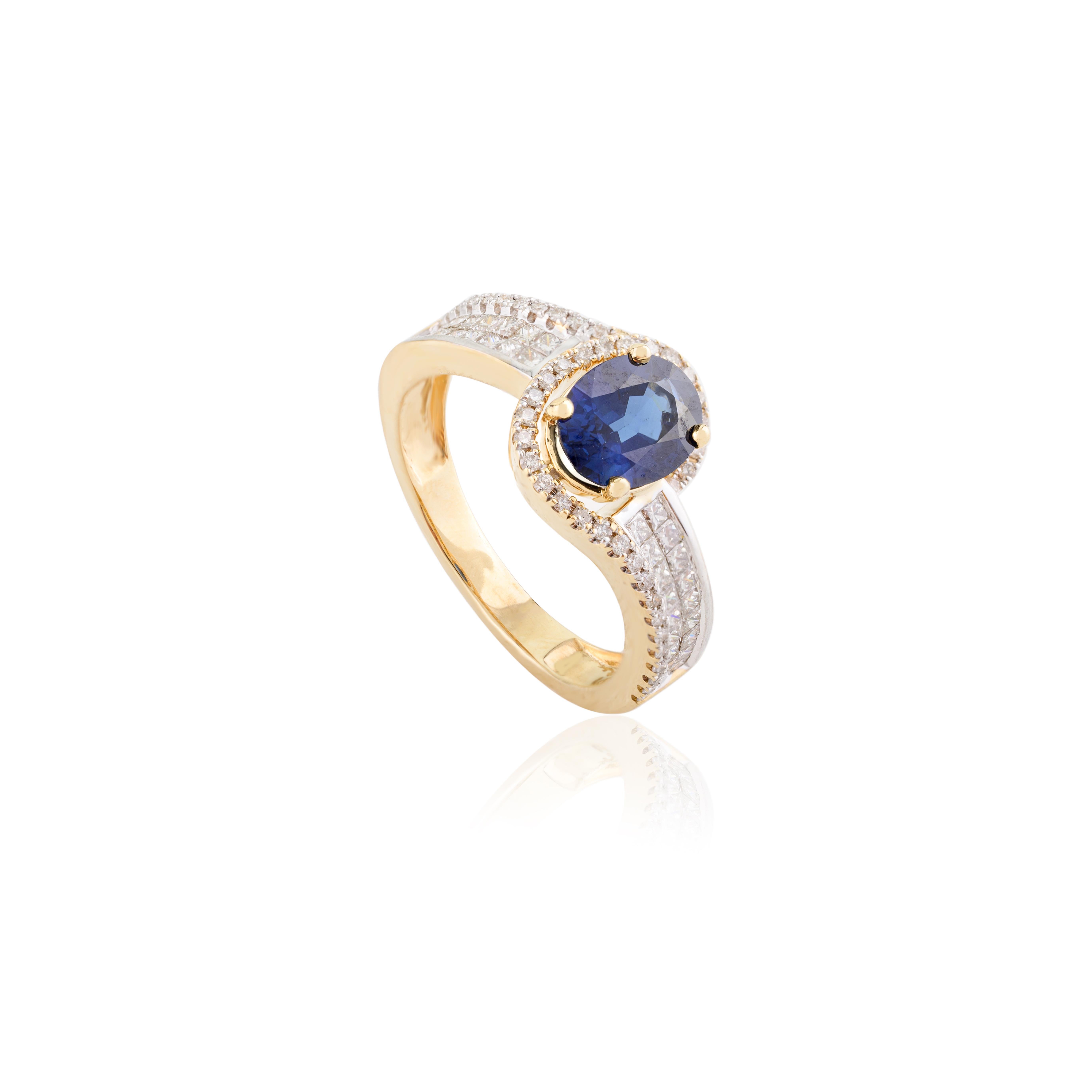 For Sale:  Brilliant Deep Blue Sapphire Diamond Studded Engagement Ring in 18k Yellow Gold 9