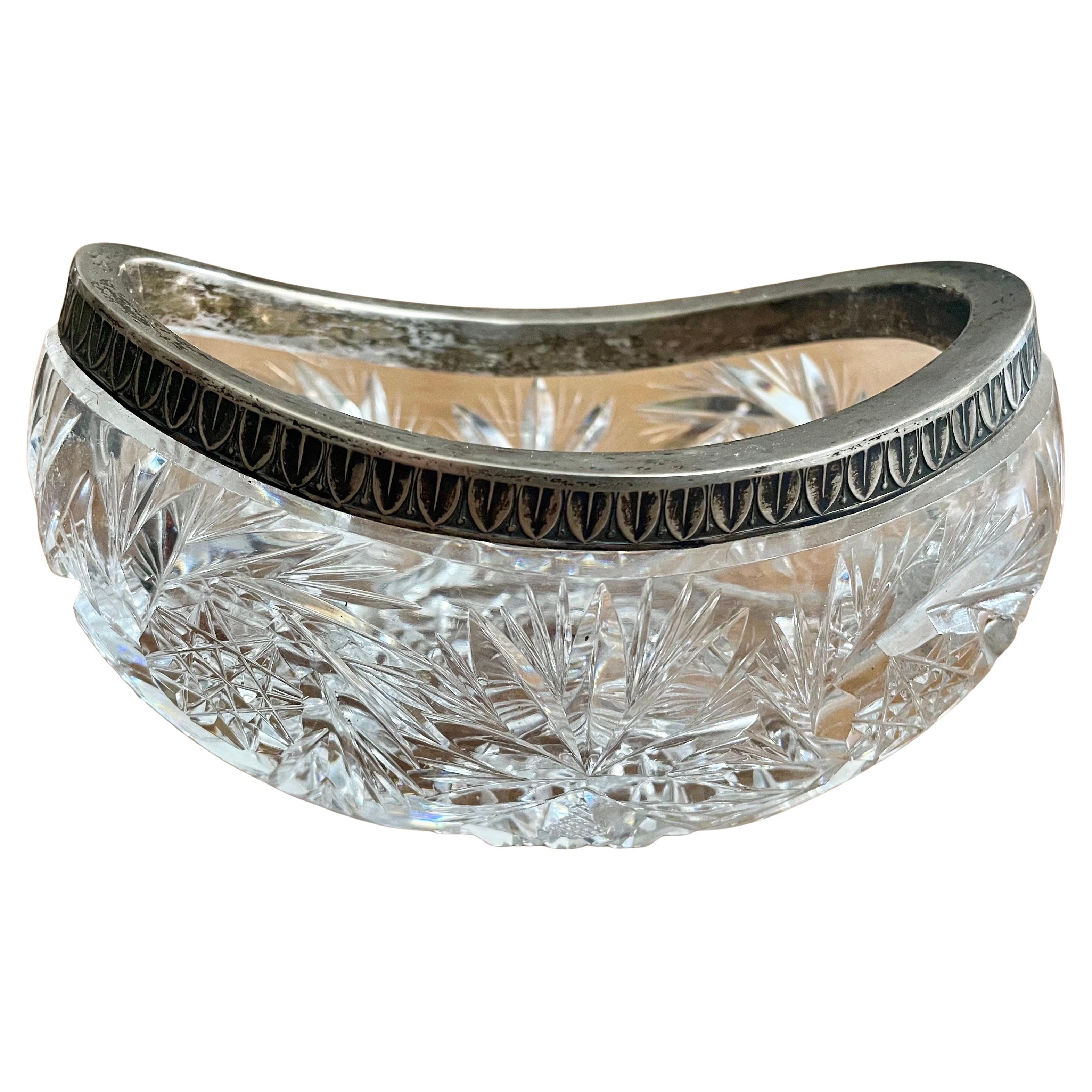 Brilliant Deeply Cut Cut Glass Art Deco 875 Silver Rimmed Oval Boat Small Bowl For Sale