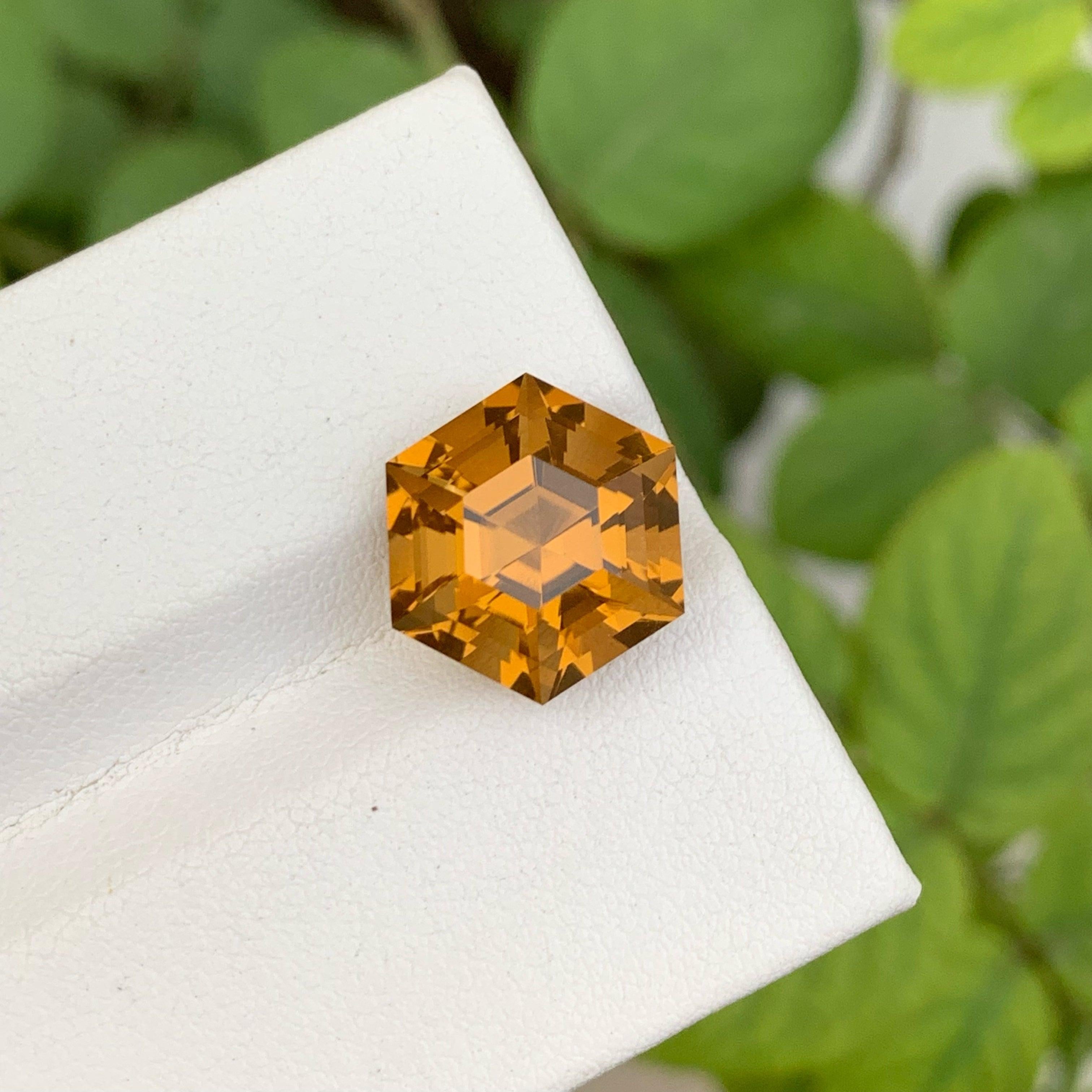 Brillant Deep Golden Citrin Edelstein von 8,00 Karat aus Brasilien hat einen wunderbaren Schliff in einem Hexagon Form, unglaubliche goldene Farbe. Große Brillanz. Dieses Schmuckstück ist absolut lupenrein.

Informationen zum