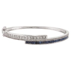 Brilliant Diamond and Blue Sapphire Bangle Bracelet in 18k Solid White Gold