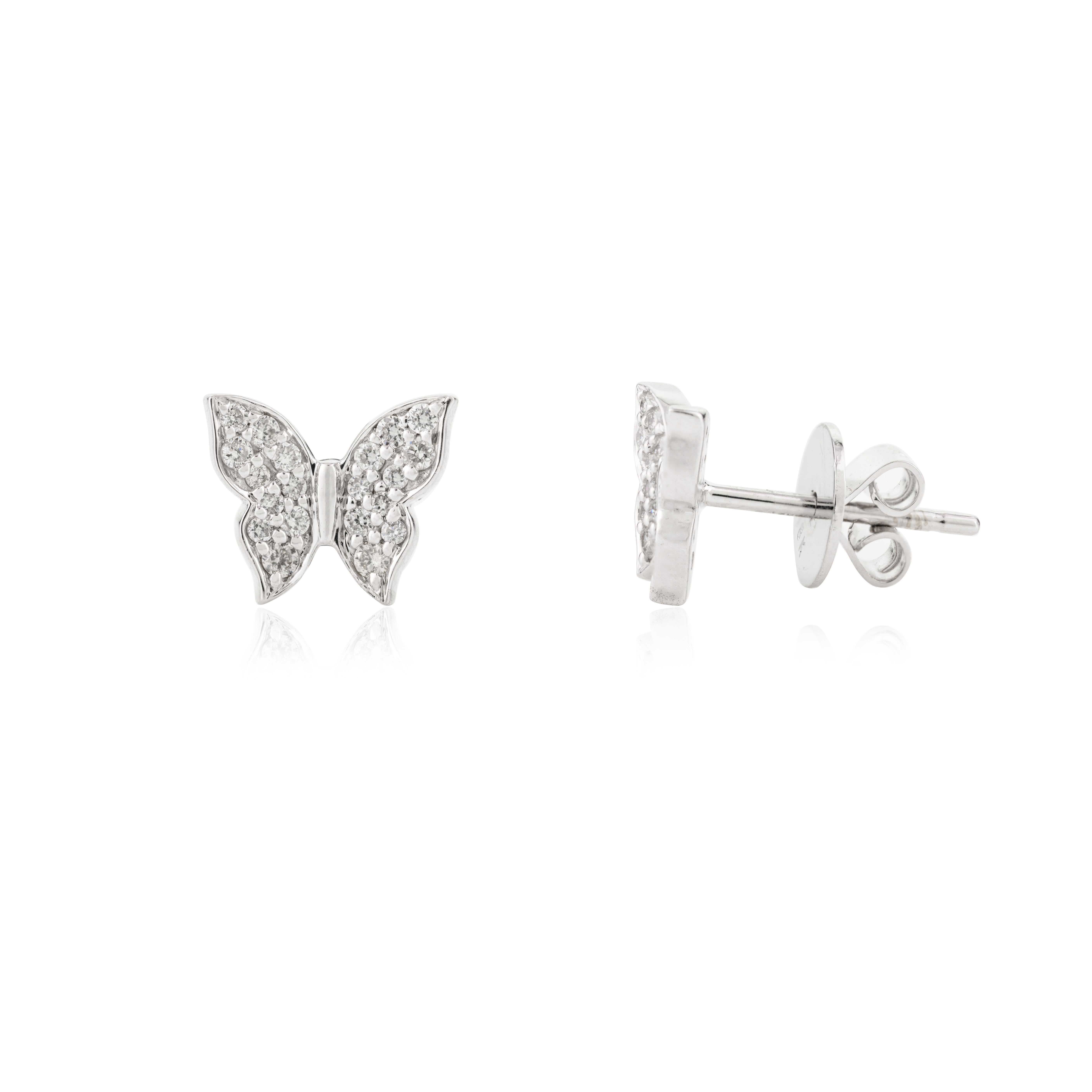 Orecchini a perno con diamante brillante e farfalla per lei in oro bianco massiccio 18k in vendita 1