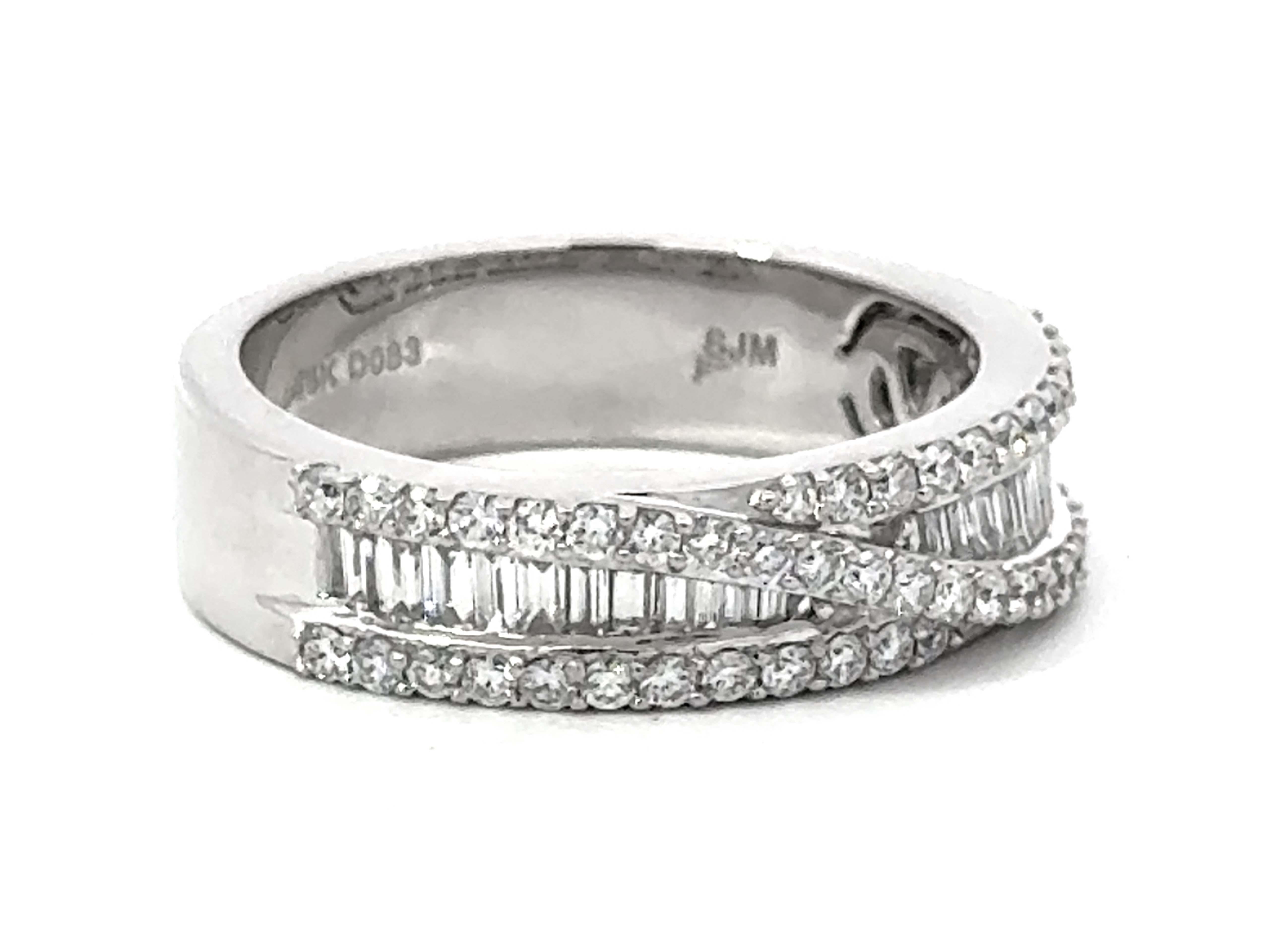 Modern Brilliant Diamond Crossover and Baguette Diamond Band Ring 14k White Gold For Sale