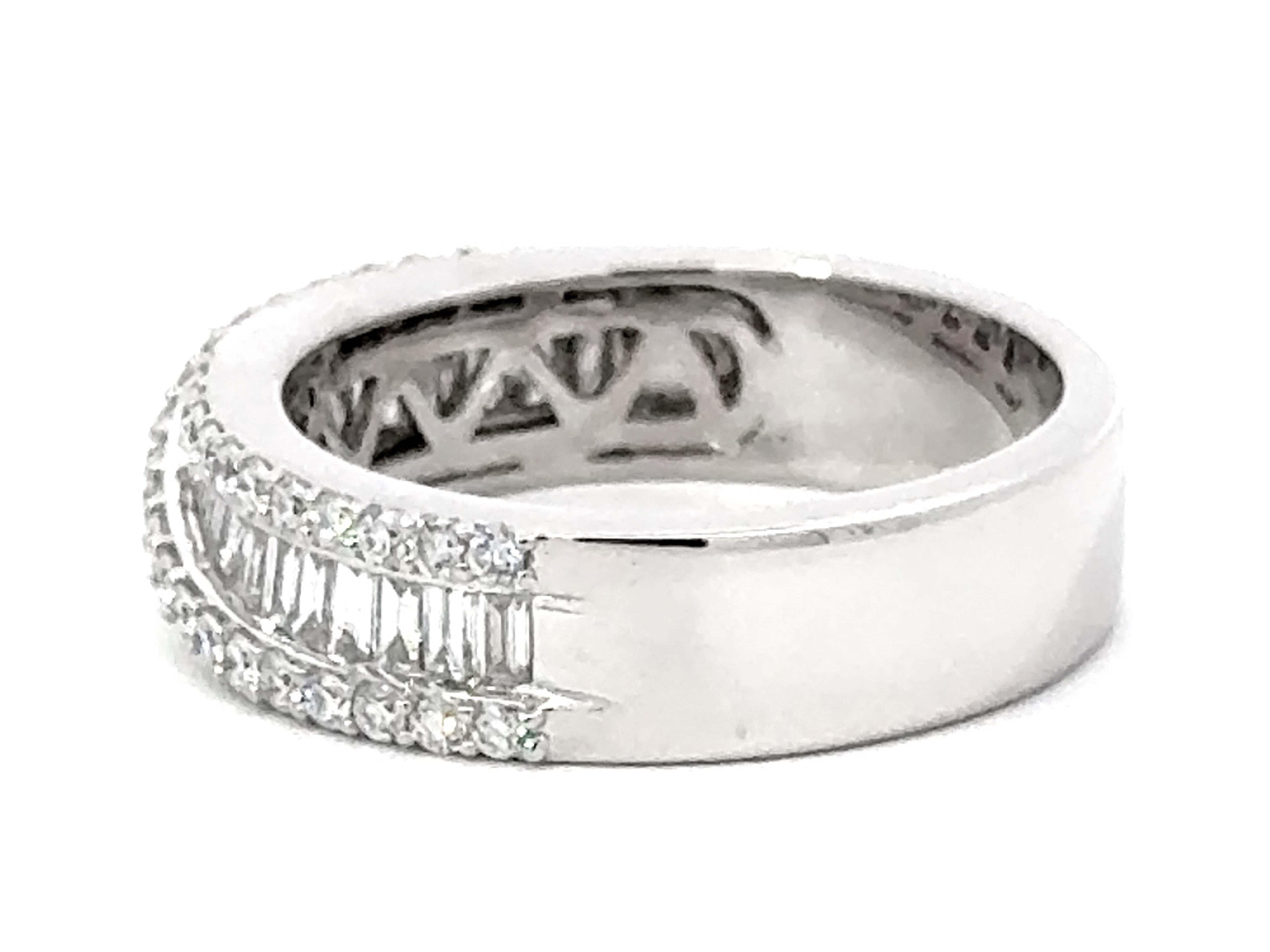 Women's or Men's Brilliant Diamond Crossover and Baguette Diamond Band Ring 14k White Gold For Sale