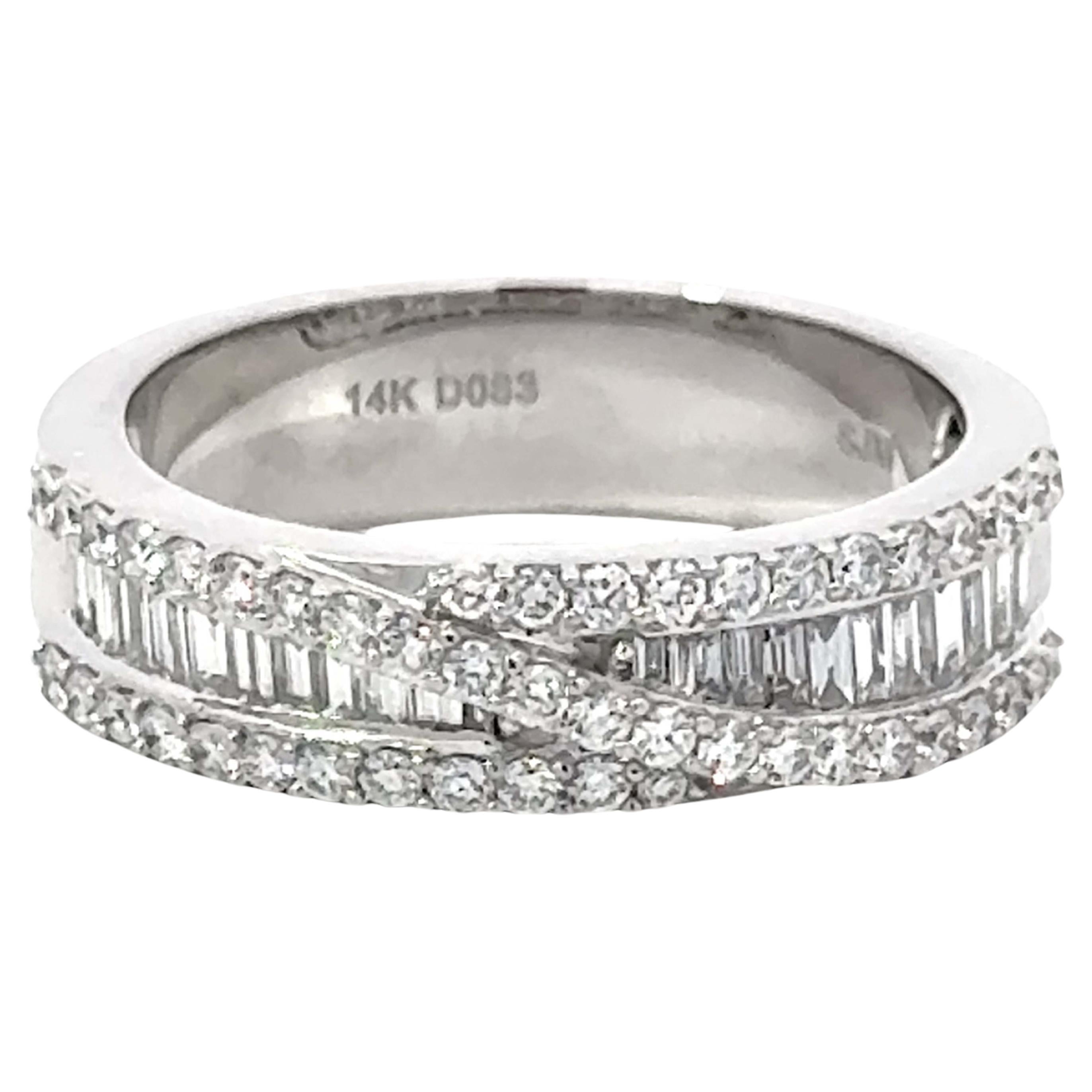 Brilliant Diamond Crossover and Baguette Diamond Band Ring 14k White Gold For Sale
