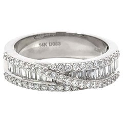 Vintage Brilliant Diamond Crossover and Baguette Diamond Band Ring 14k White Gold