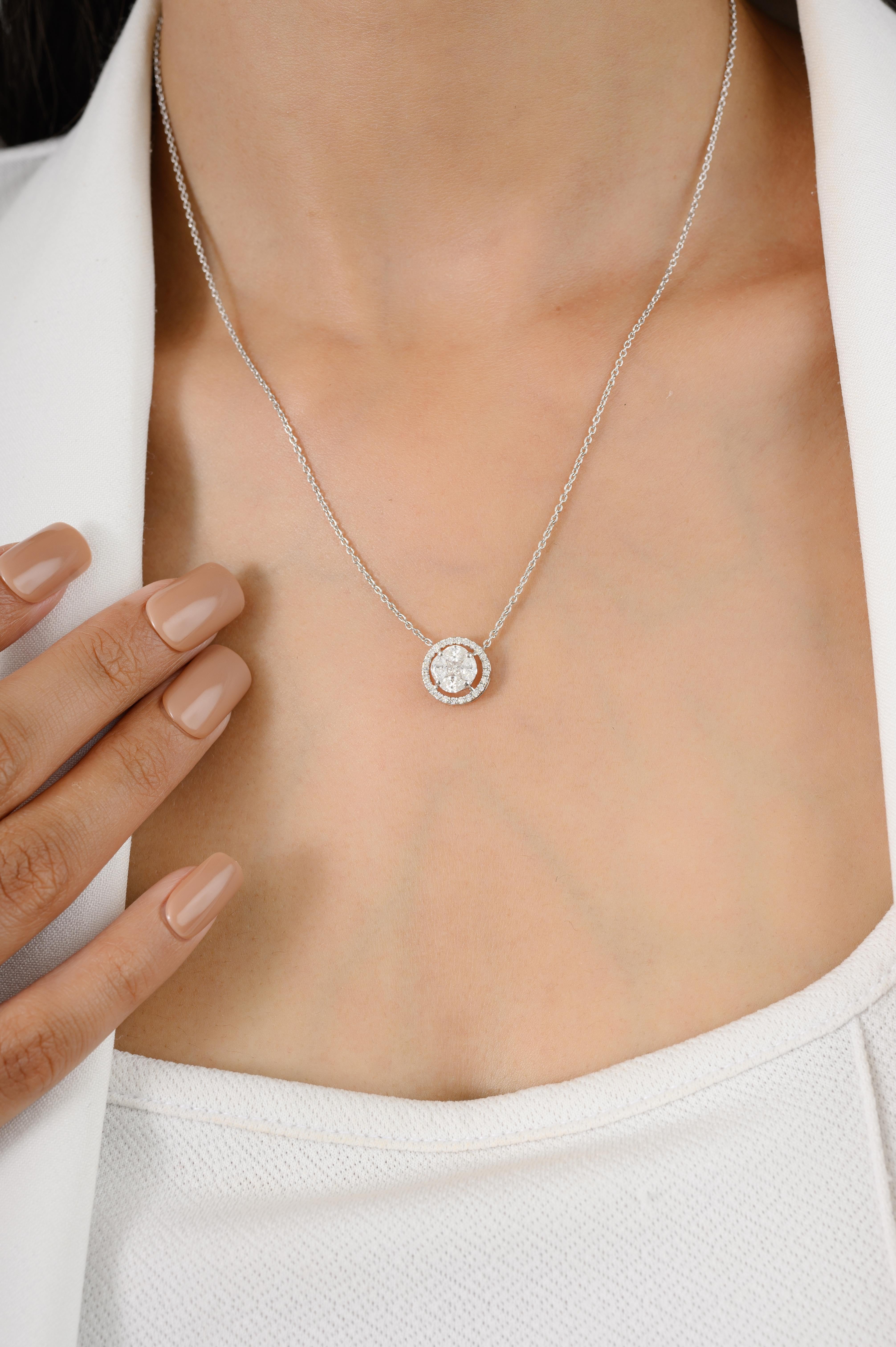 Brilliant Diamond Halo Pendant Minimalist Necklace in 18K Gold studded in gold. This stunning piece of jewelry instantly elevates a casual look or dressy outfit. 
April birthstone diamond brings love, fame, success and prosperity.
Designed with