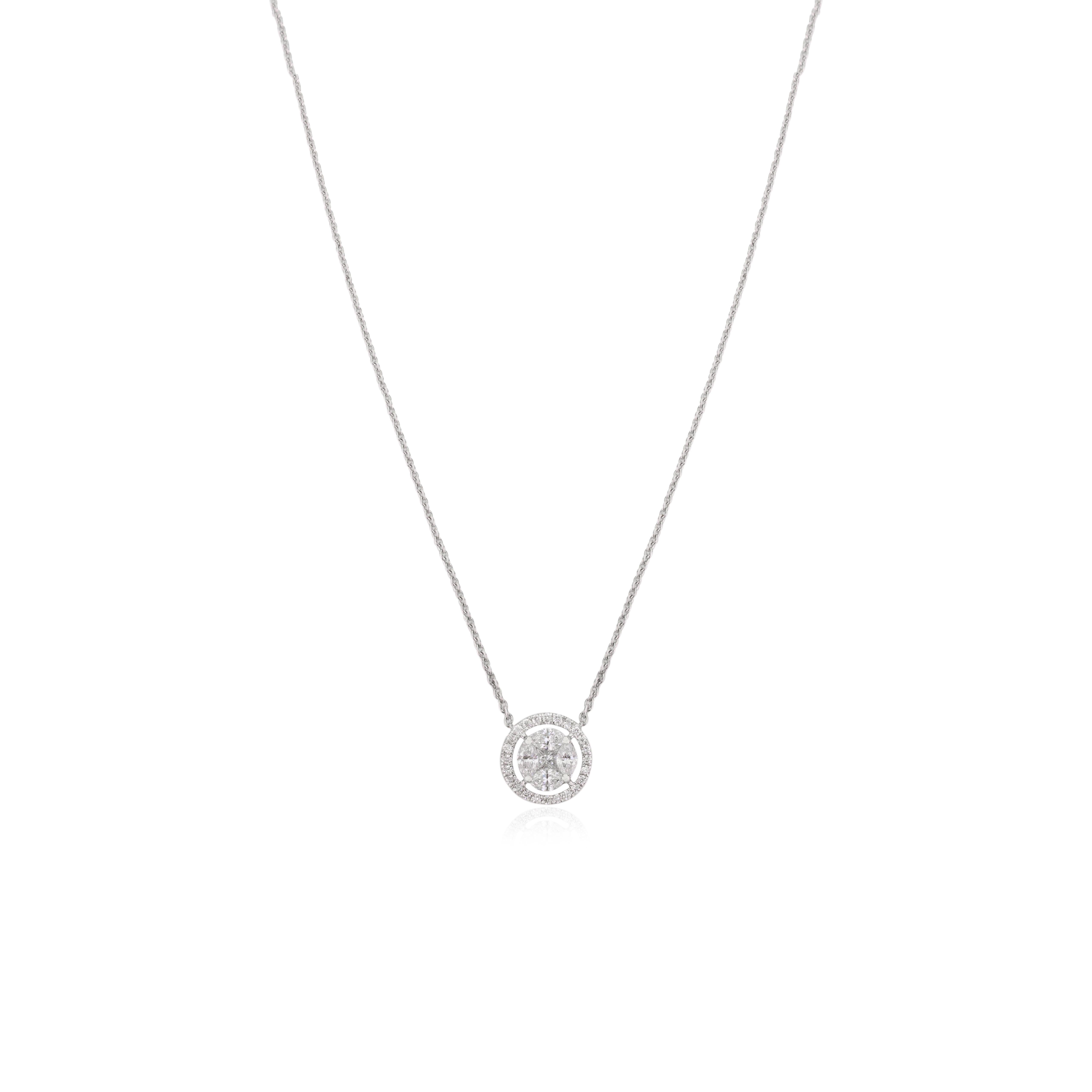 Modern Brilliant Diamond Halo Pendant Minimalist Necklace in 18k Solid White Gold For Sale