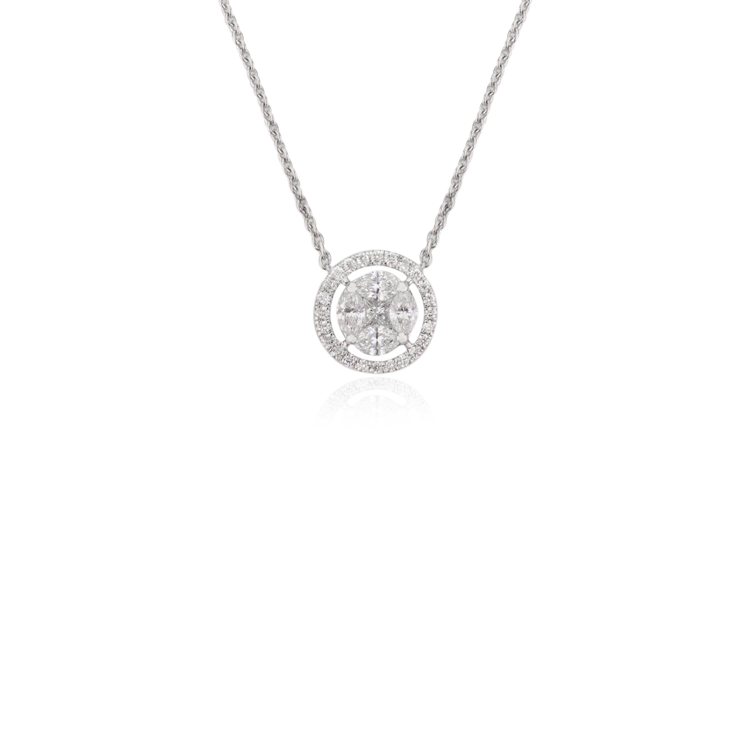 Brilliant Diamond Halo Pendant Minimalist Necklace in 18k Solid White Gold In New Condition For Sale In New York, NY