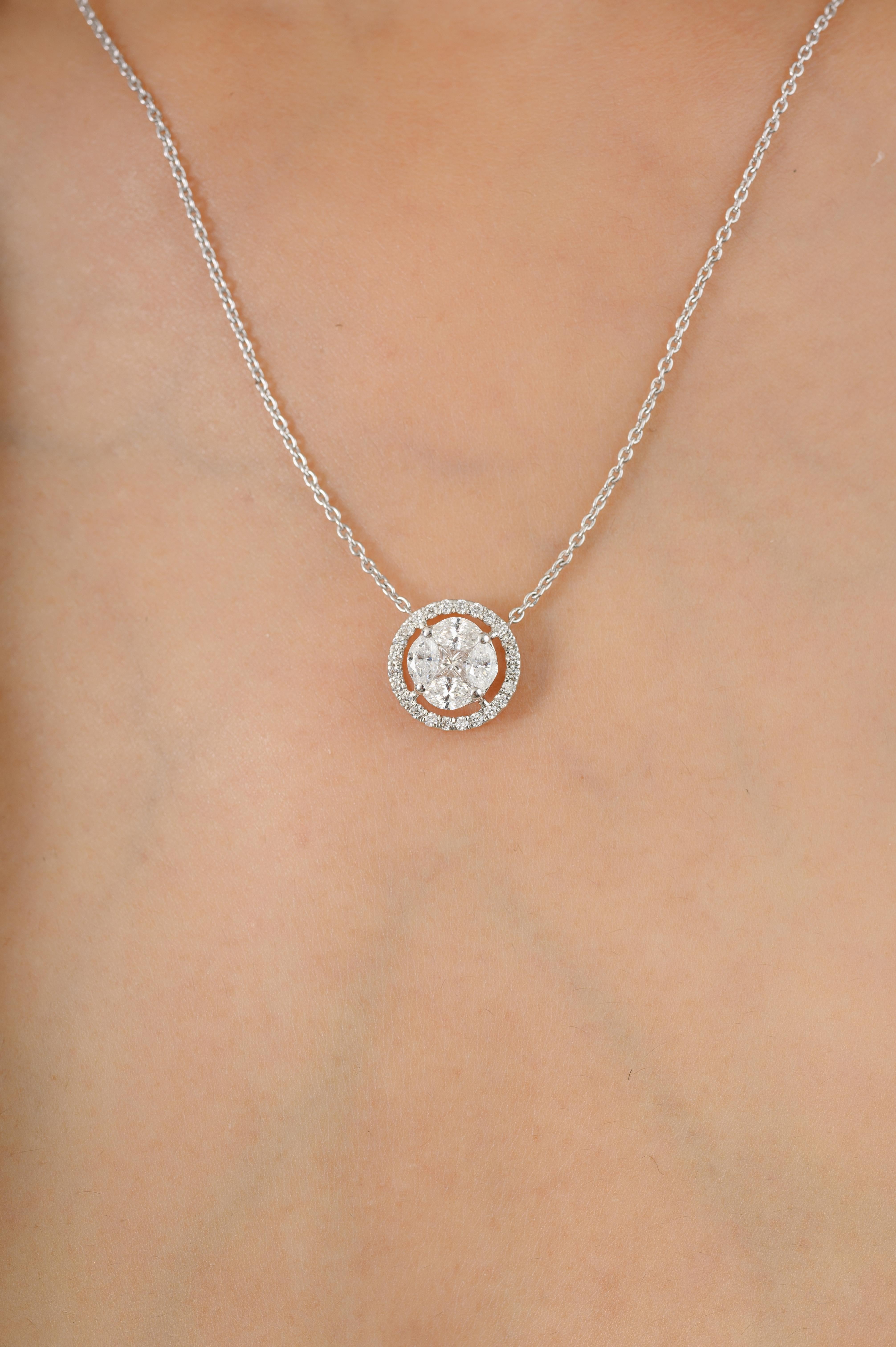 Women's Brilliant Diamond Halo Pendant Minimalist Necklace in 18k Solid White Gold For Sale