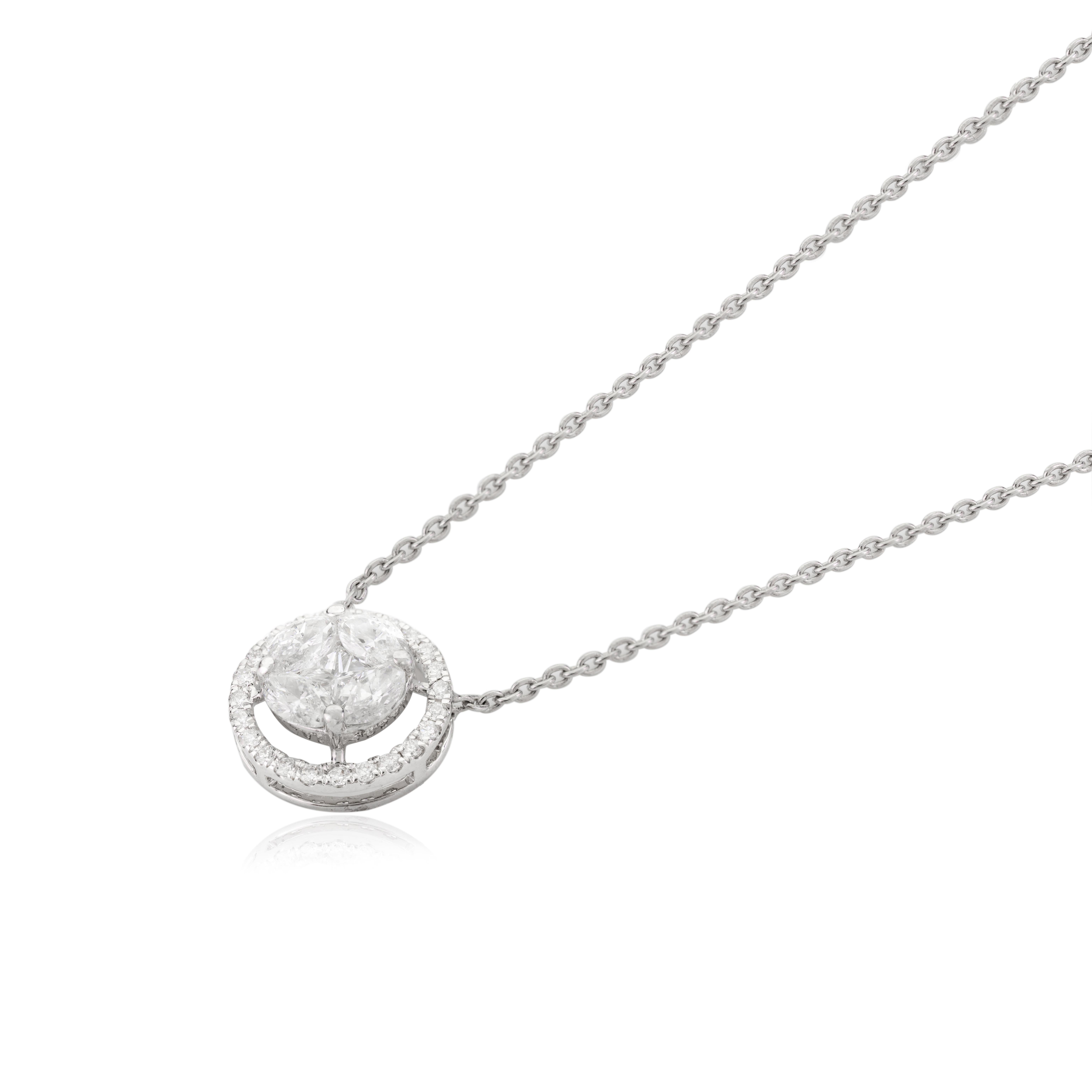 Brilliant Diamond Halo Pendant Minimalist Necklace in 18k Solid White Gold For Sale 1