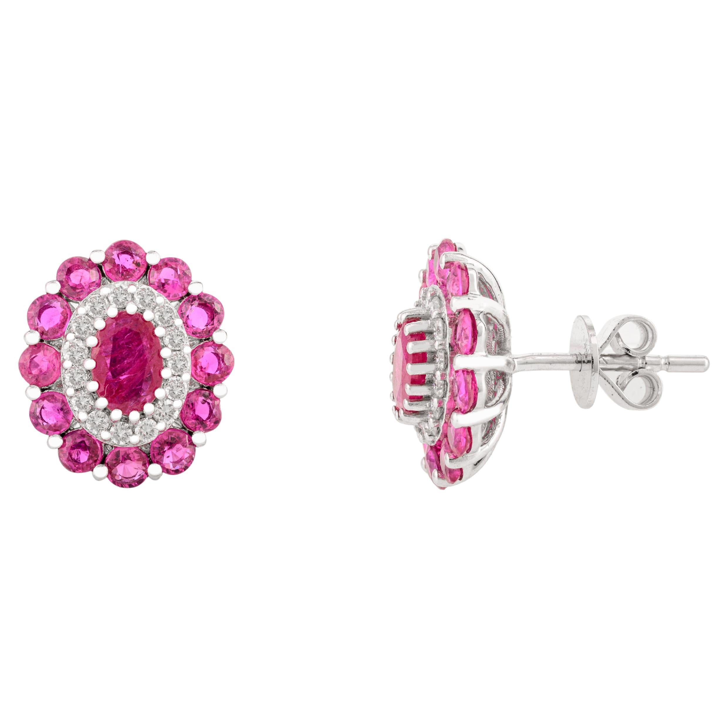 Brilliant Diamond Oval Ruby 14k Solid White Gold Stud Earrings Wedding Gift