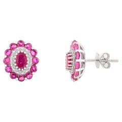 Brilliant Diamond Oval Ruby 14k Solid White Gold Stud Earrings Wedding Gift