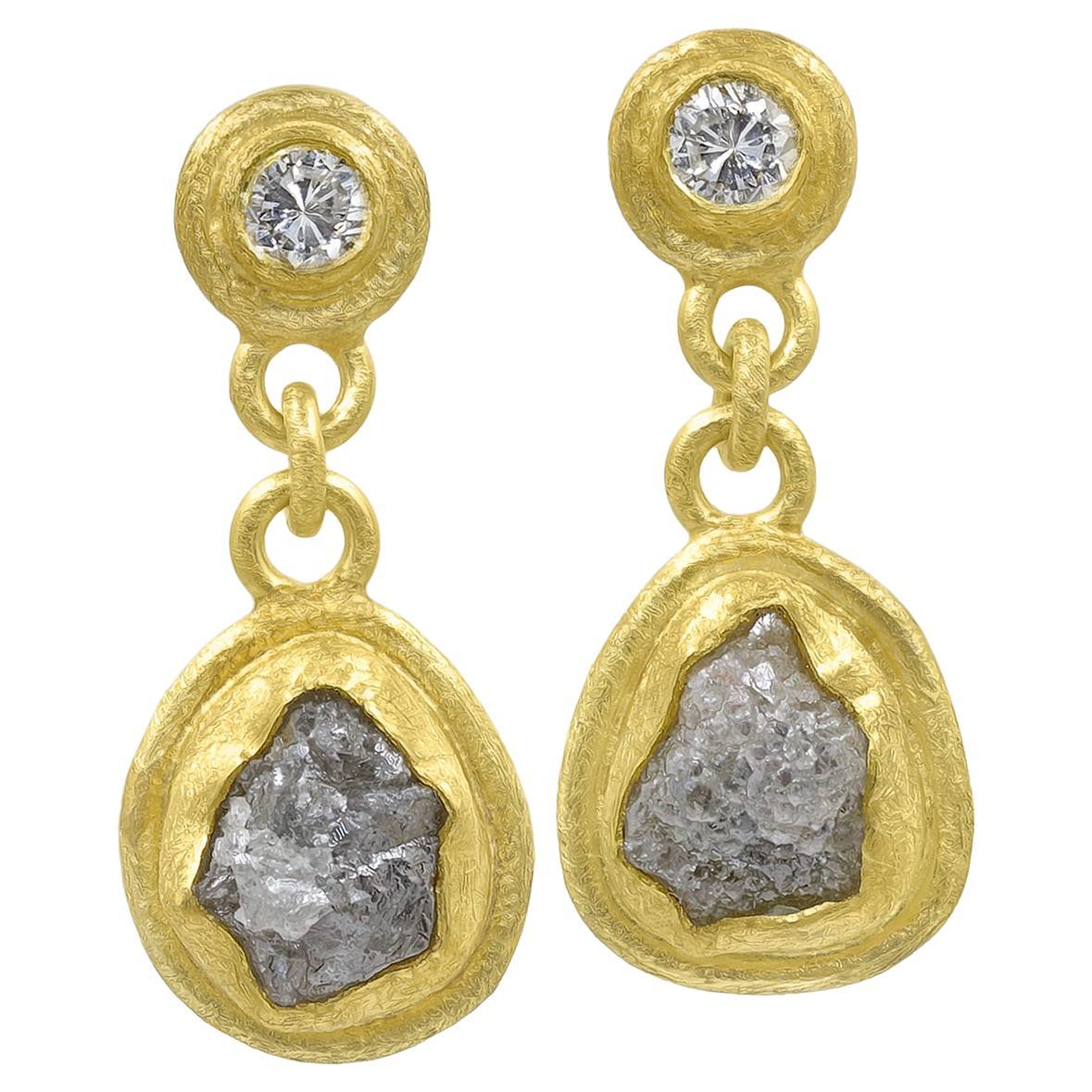 Brilliant Diamond + Rough Diamond Gold Chain Drop Earrings, Petra Class 2024 For Sale
