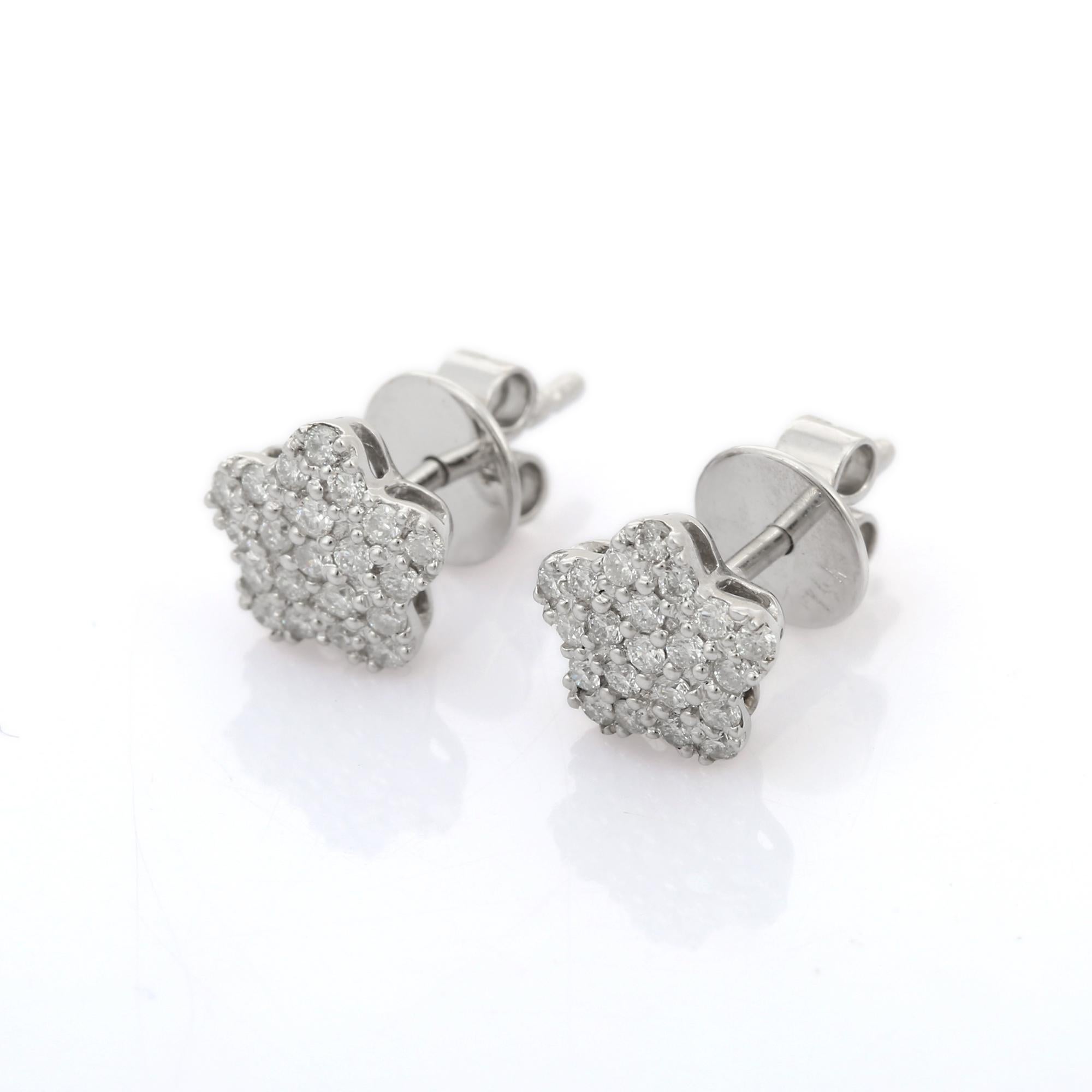 Modern Dainty Diamond Flower Stud Earrings in 14K Solid White Gold Settings For Sale
