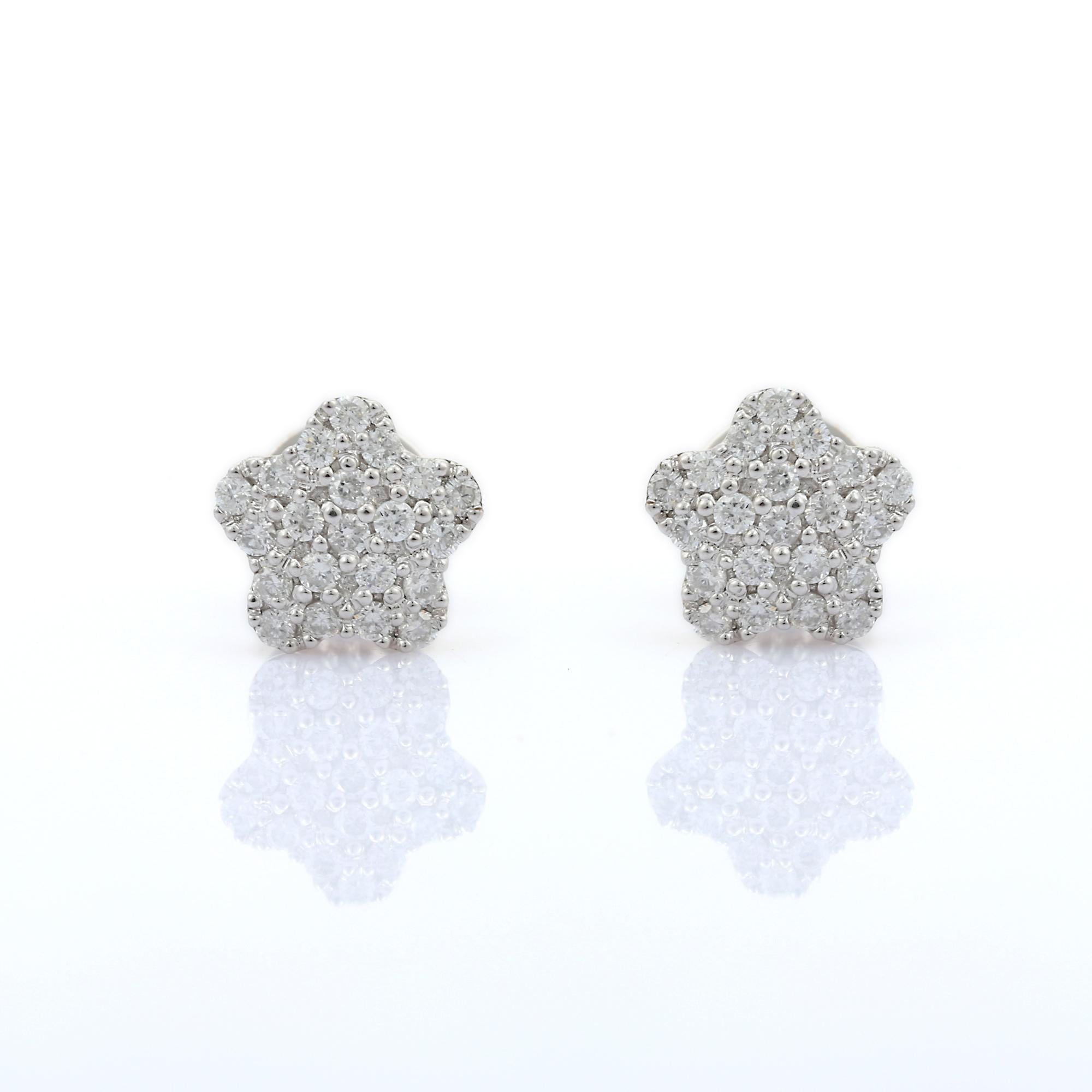 Round Cut Dainty Diamond Flower Stud Earrings in 14K Solid White Gold Settings For Sale
