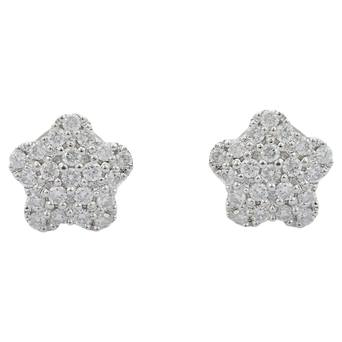 Dainty Diamond Flower Stud Earrings in 14K Solid White Gold Settings For Sale