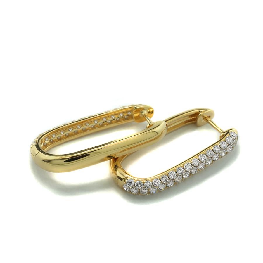 Contemporary Brilliant Earrings 1.41 Carats, Rectangular Hoops in 18 Karat Yellow Gold For Sale