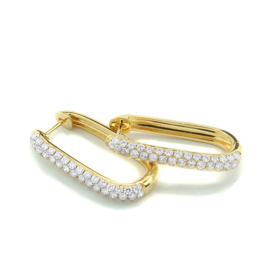 Brilliant Cut Brilliant Earrings 1.41 Carats, Rectangular Hoops in 18 Karat Yellow Gold For Sale