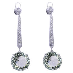 Boucles d'oreilles en or blanc 18 carats : Améthyste verte brillante Prasiolite Diamant Pendentif Unique