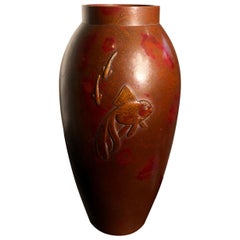 Brilliant Japanese "Gold Fish" Hand Cast Bronze Vase Signed and Boxed