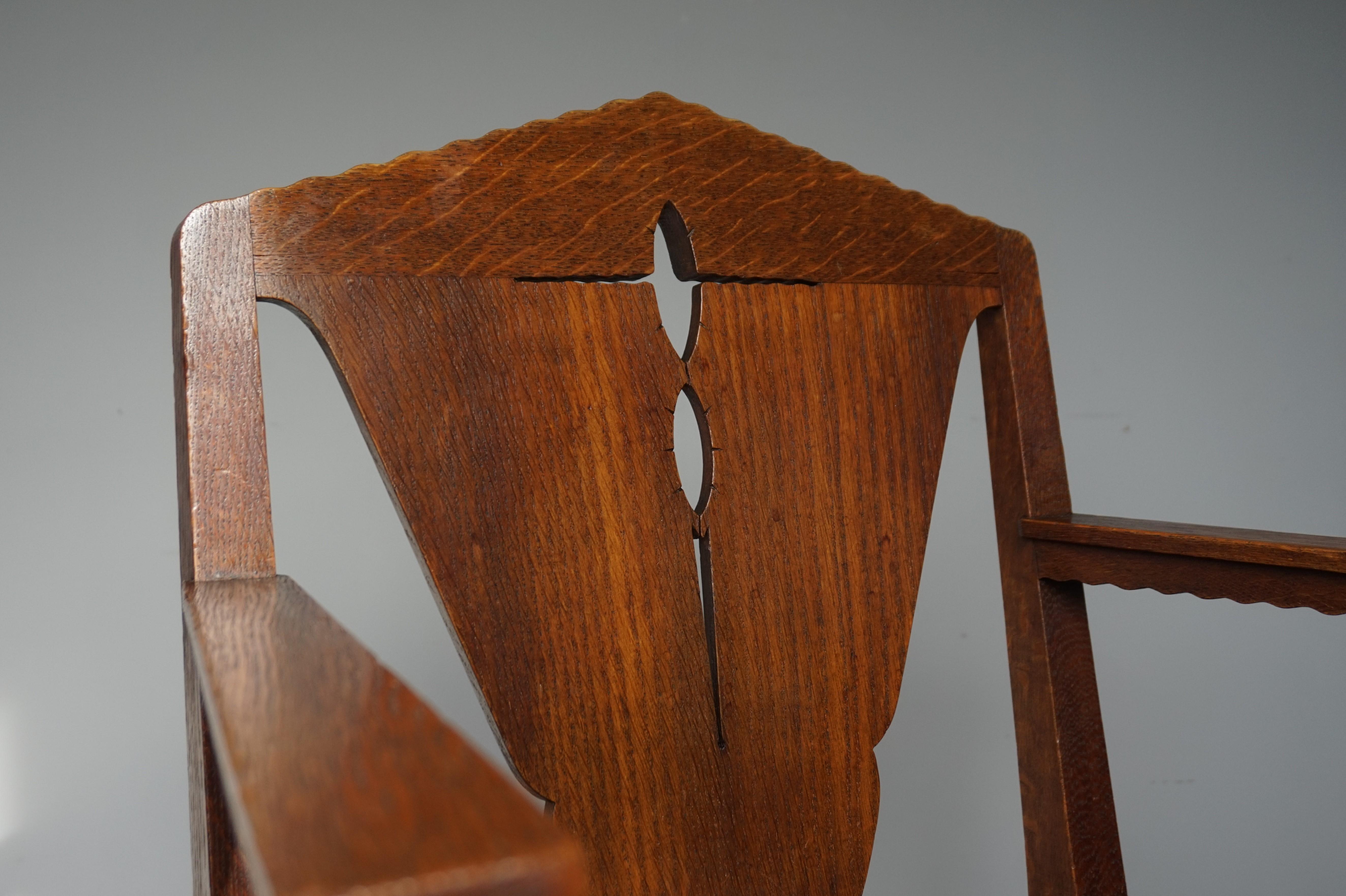 Hand-Carved Brilliant Design Dutch Arts & Crafts Oak Desk Chair w. Original Upholstery 1910s For Sale