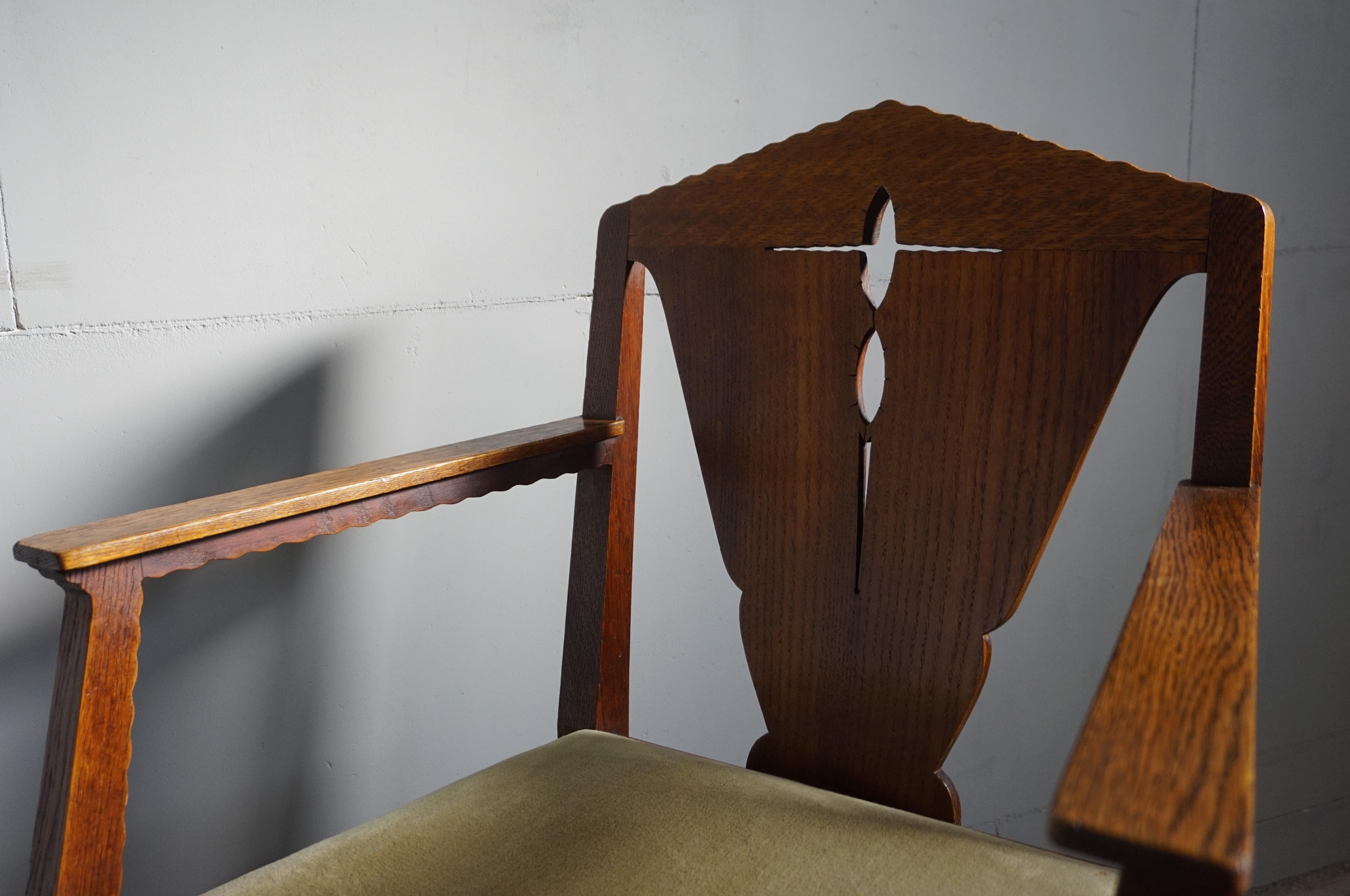 20th Century Brilliant Design Dutch Arts & Crafts Oak Desk Chair w. Original Upholstery 1910s For Sale