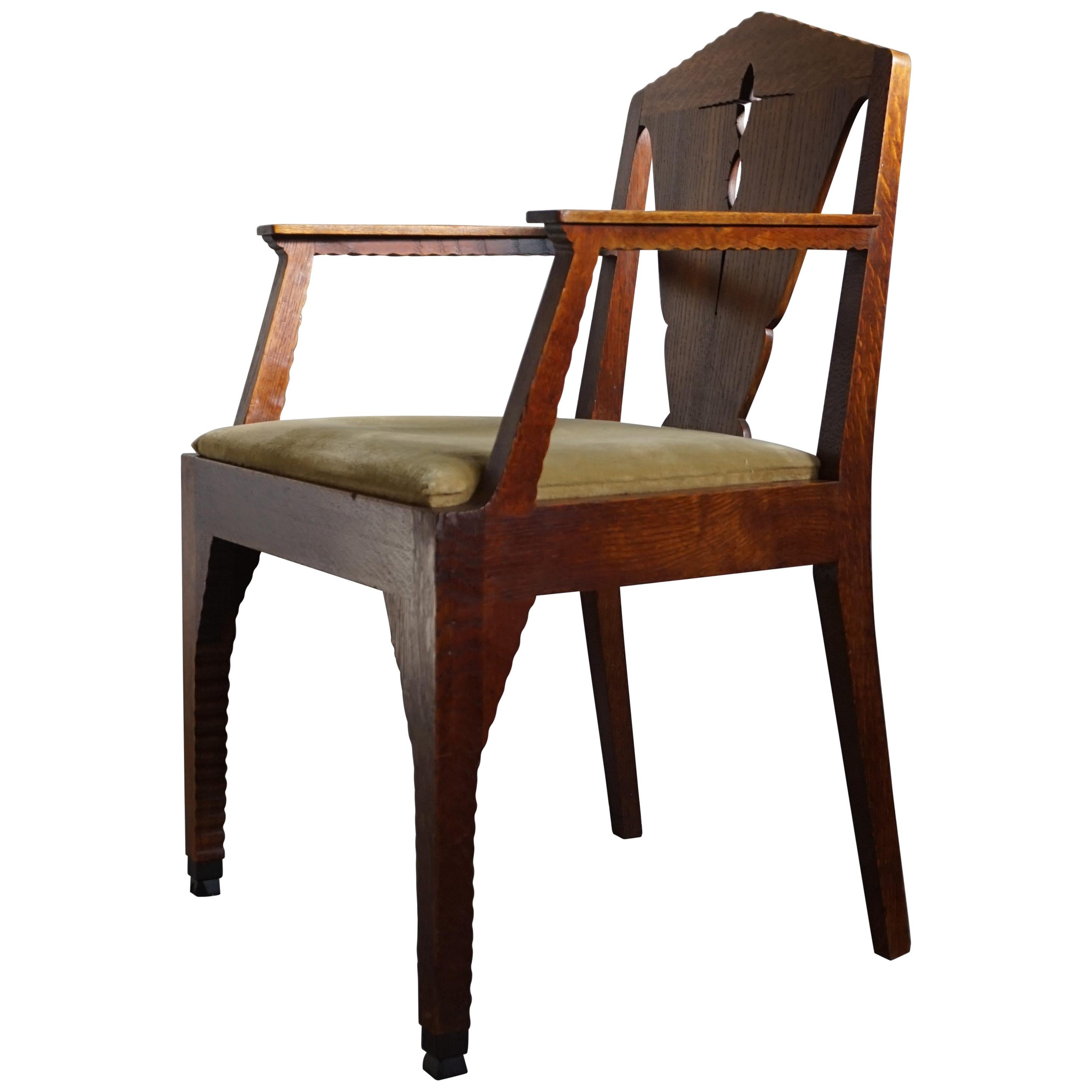 Brilliant Design Dutch Arts & Crafts Oak Desk Chair w. Original Upholstery 1910s For Sale