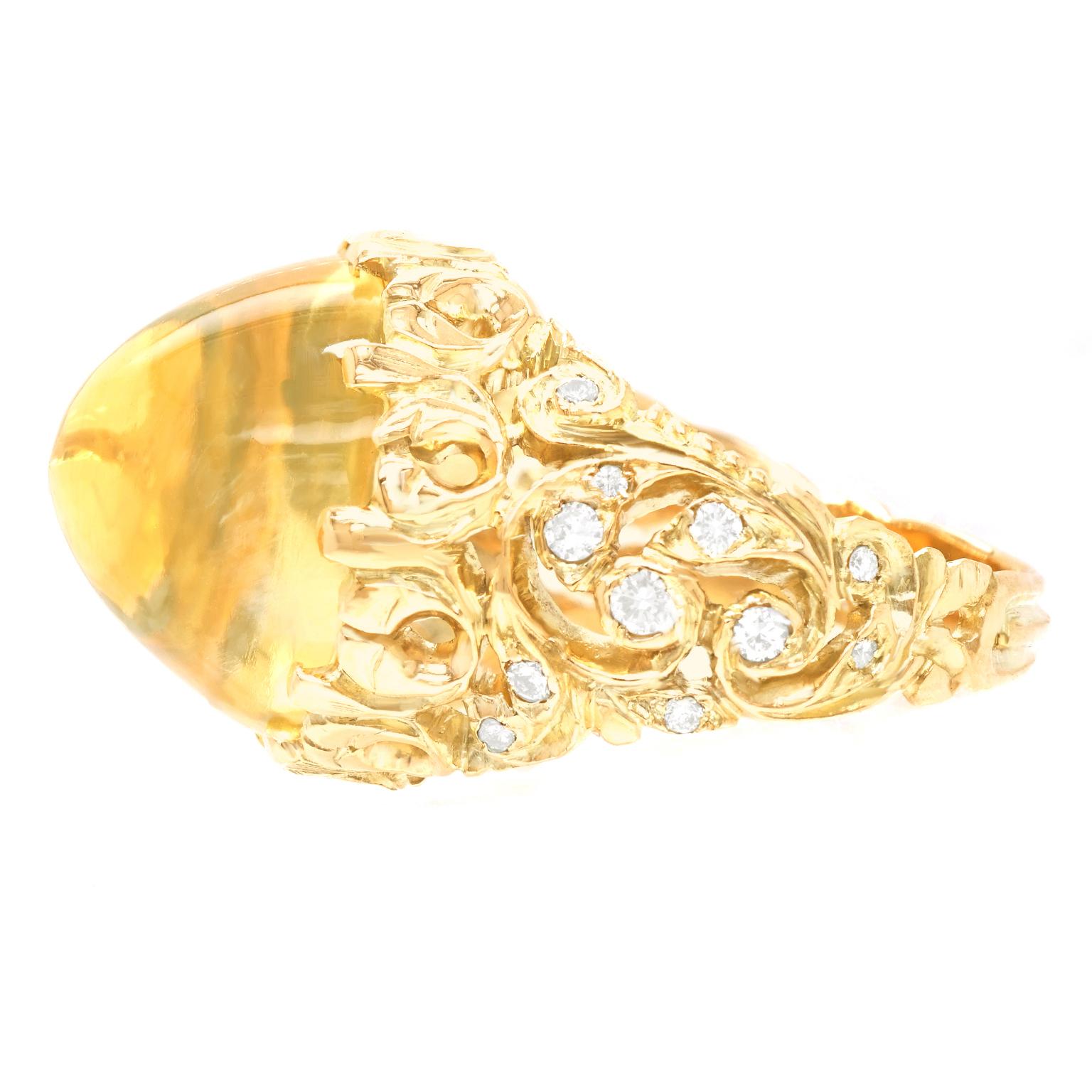 Cabochon Brilliant Organic Motif 1920s Citrine and Diamond-Set Gold Ring