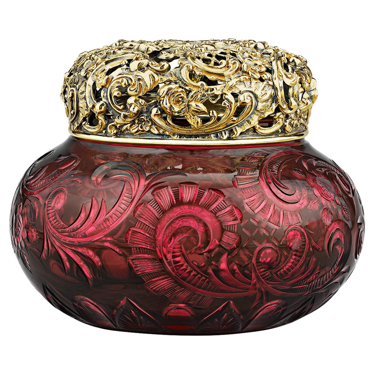 Brilliant Period Crimson Glass and Sterling-Silver Potpourri Jar