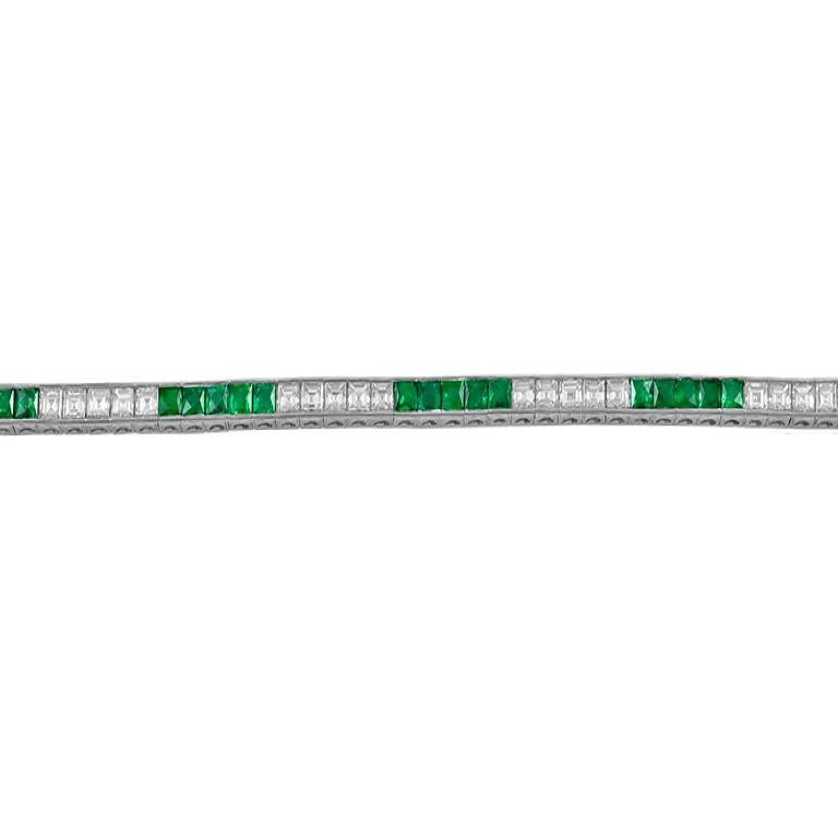 Square Cut Brilliant Platinum 3.92 Carat Green Emerald and Diamond Bracelet