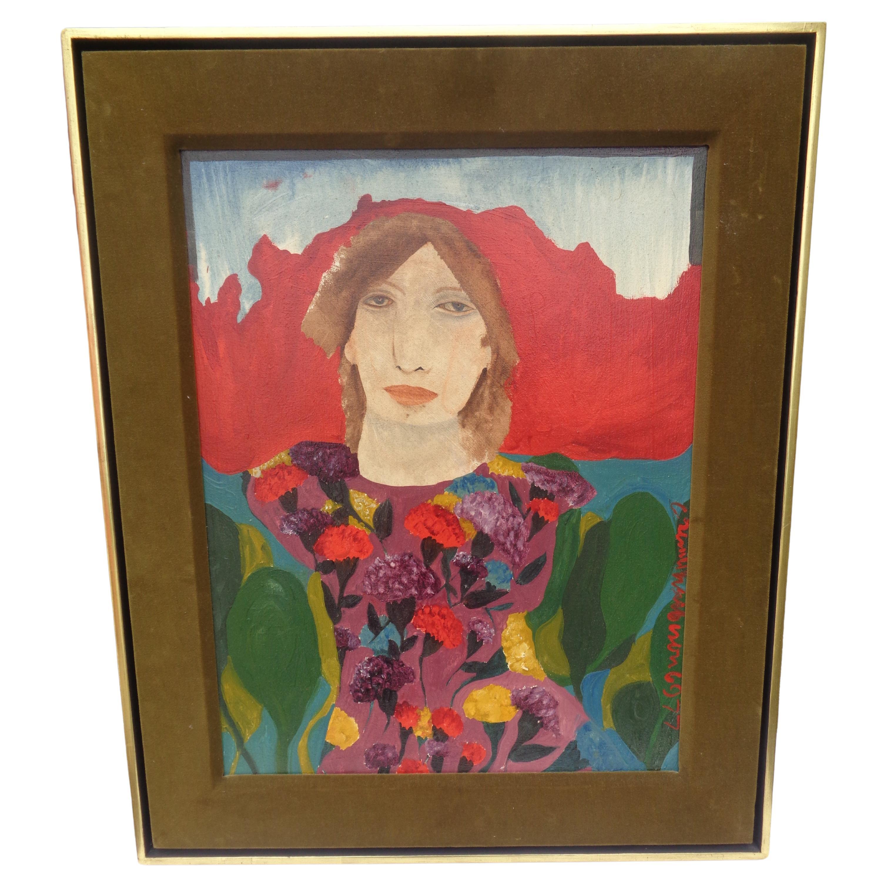  Pintura al óleo sobre lienzo de estilo surrealista en marco original de madera parcialmente dorada con paspartú de terciopelo - firmada y fechada por el artista a la derecha. Retrato de una mujer en un paisaje con un vestido de flores brillantes de