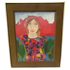 Porträtfrau in Brillantblumenkleid von Catherine Senitt-Harbison, 1970er Jahre