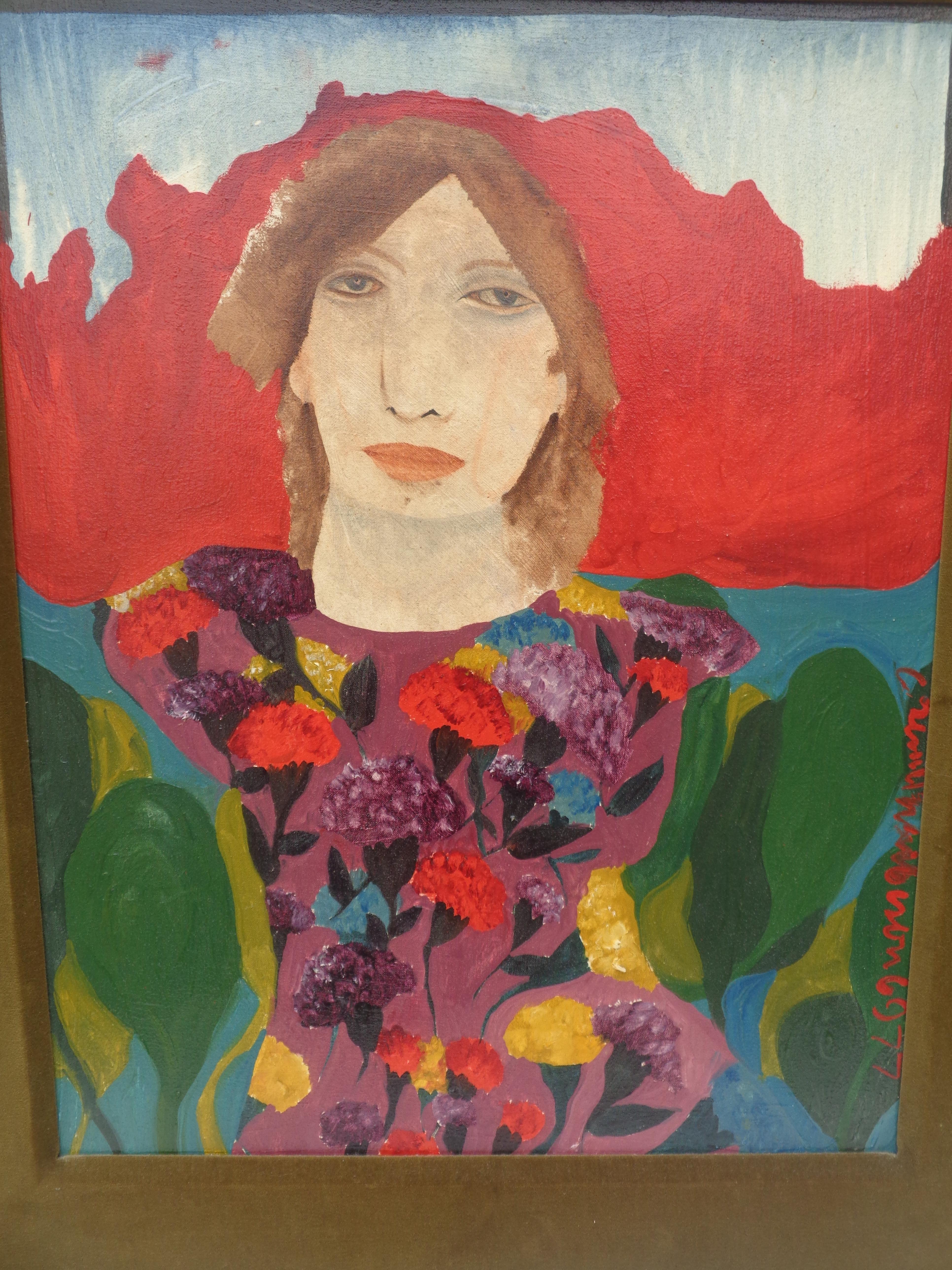 Retrato Mujer con vestido de flores brillantes de Catherine Senitt - Harbison, años 70 Canadiense en venta