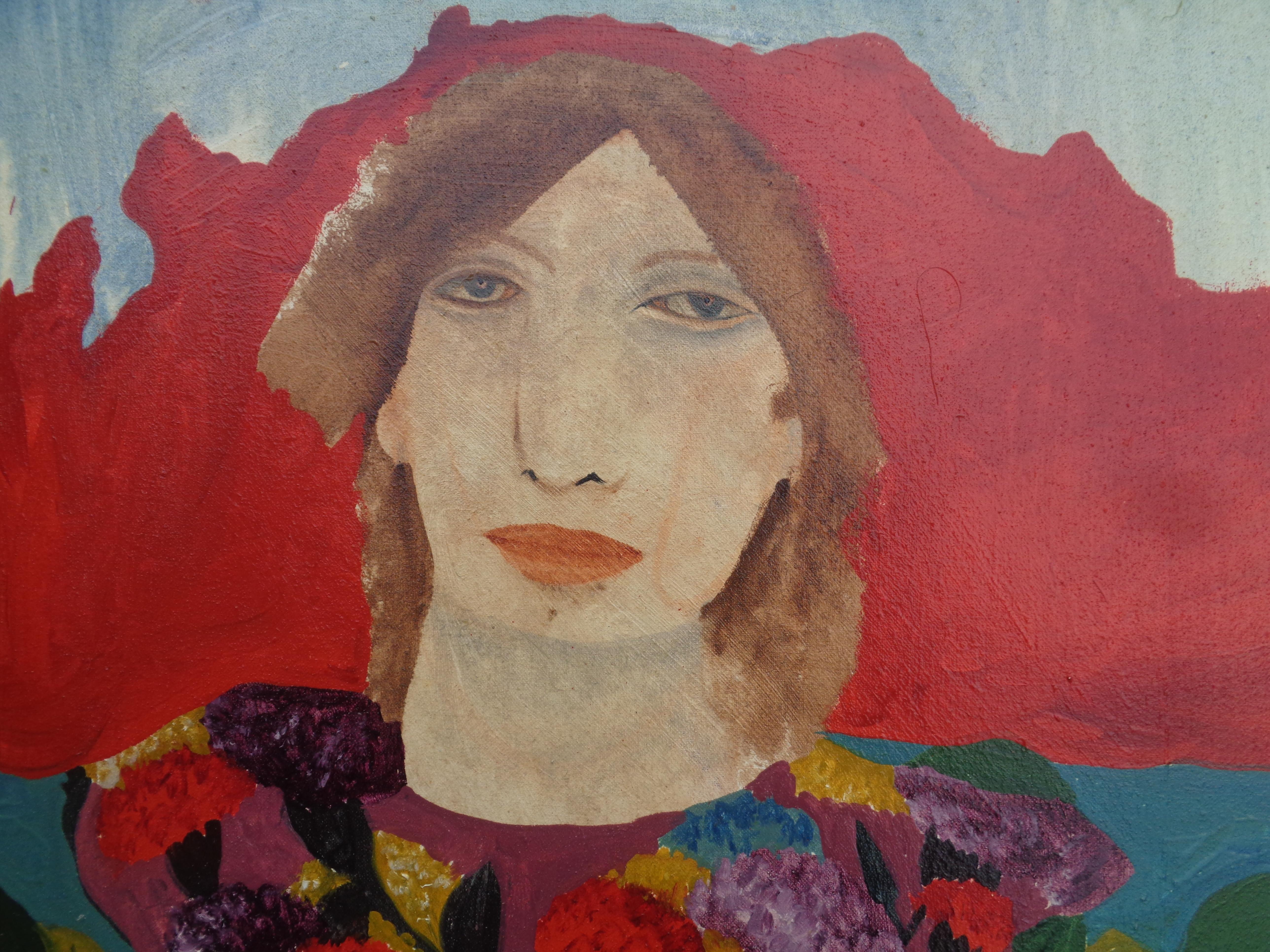 Retrato Mujer con vestido de flores brillantes de Catherine Senitt - Harbison, años 70 finales del siglo XX en venta