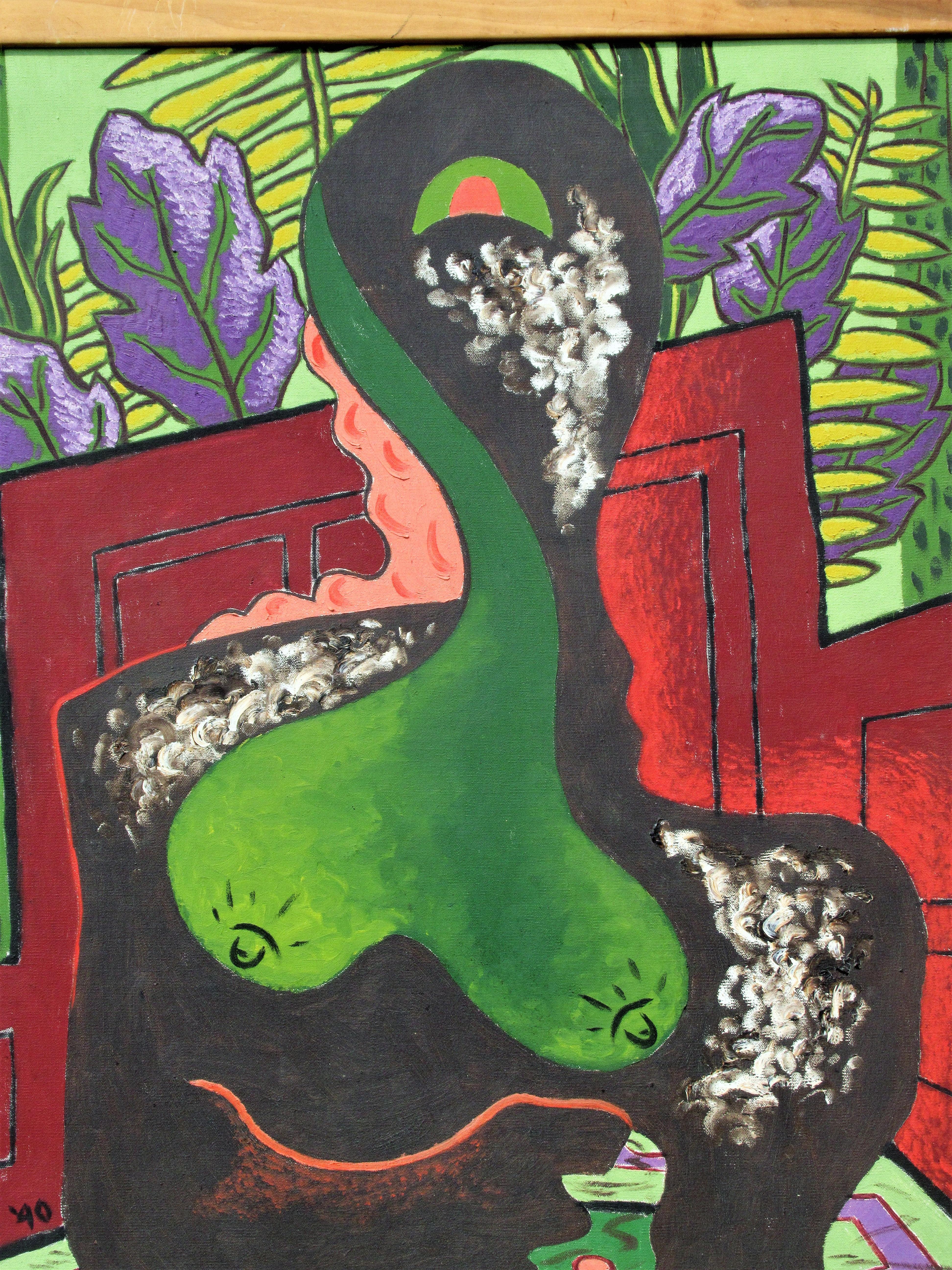 Brilliant jewel tone oil painting on canvas of an abstracted nude woman surrounded by exotic looking foliage & more by Leon Salter aka Zoute ( 1903 - 1976, North Rose NY ) Pictures tell the rest of the story. This is a show stopper. Biographical