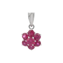 Brilliant Round 1.34 ct Ruby Flower Pendant Necklace Studded in 18K White Gold