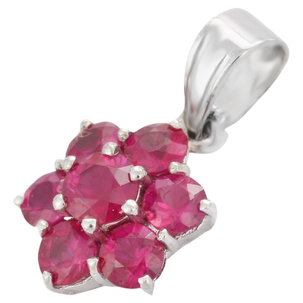 Brilliant Round 1.34 ct Ruby Flower Pendant Necklace Studded in 18K White Gold For Sale