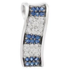 Round Blue Sapphire and Diamond Bar Pendant in 18K White Gold 