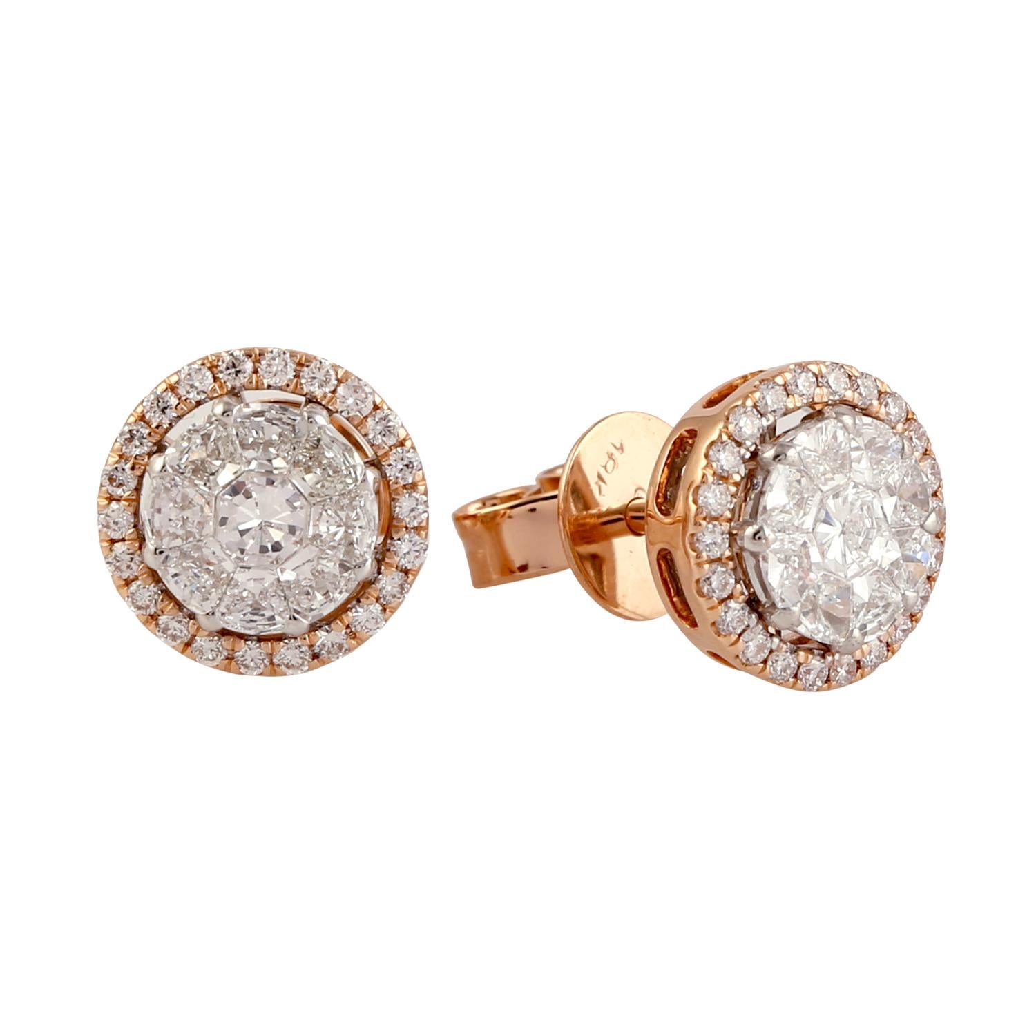 Einzigartige Illusion-Fassung von  VS Diamanten auf runden Ohrsteckern aus 18 Karat Roségold (Gemischter Schliff) im Angebot