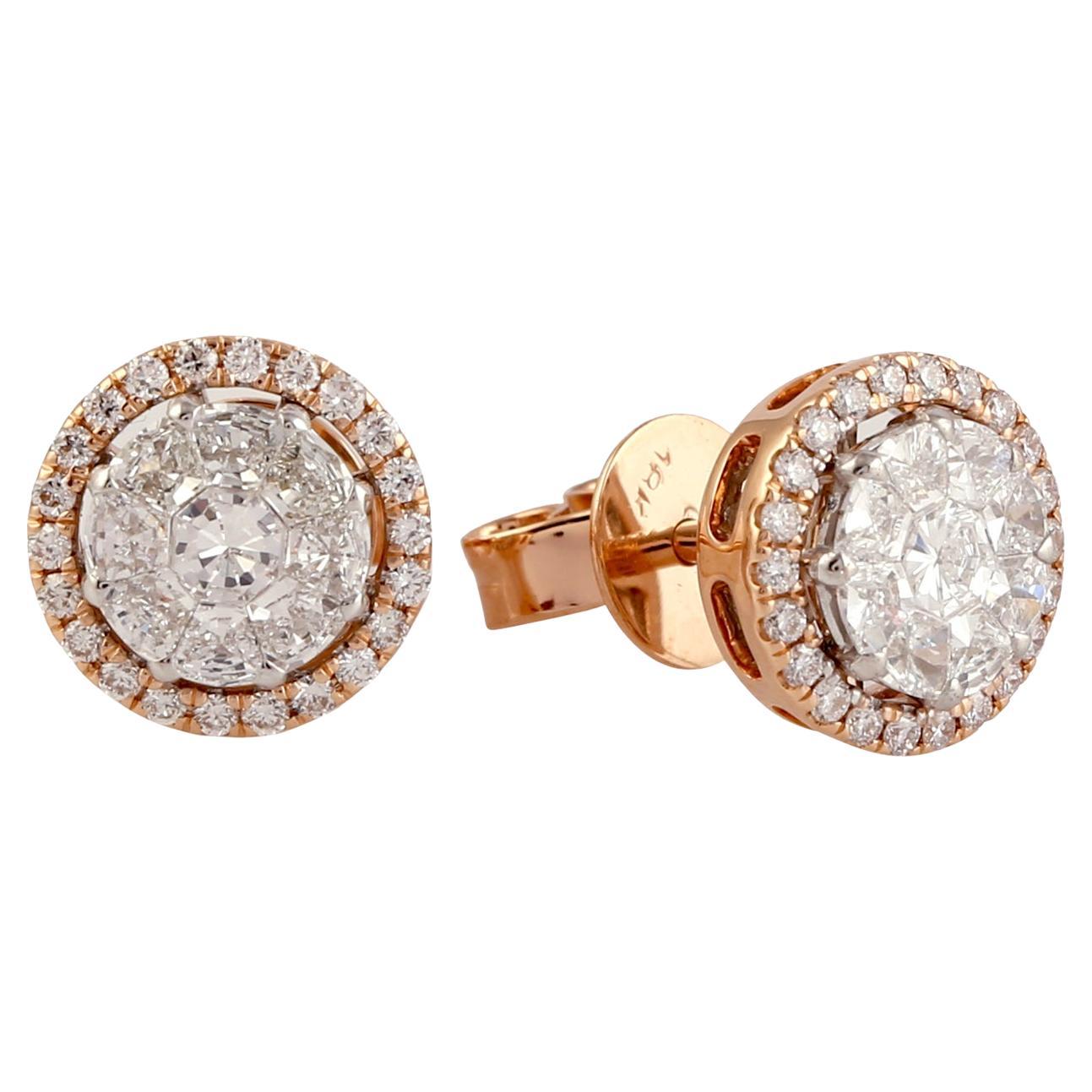 Einzigartige Illusion-Fassung von  VS Diamanten auf runden Ohrsteckern aus 18 Karat Roségold im Angebot