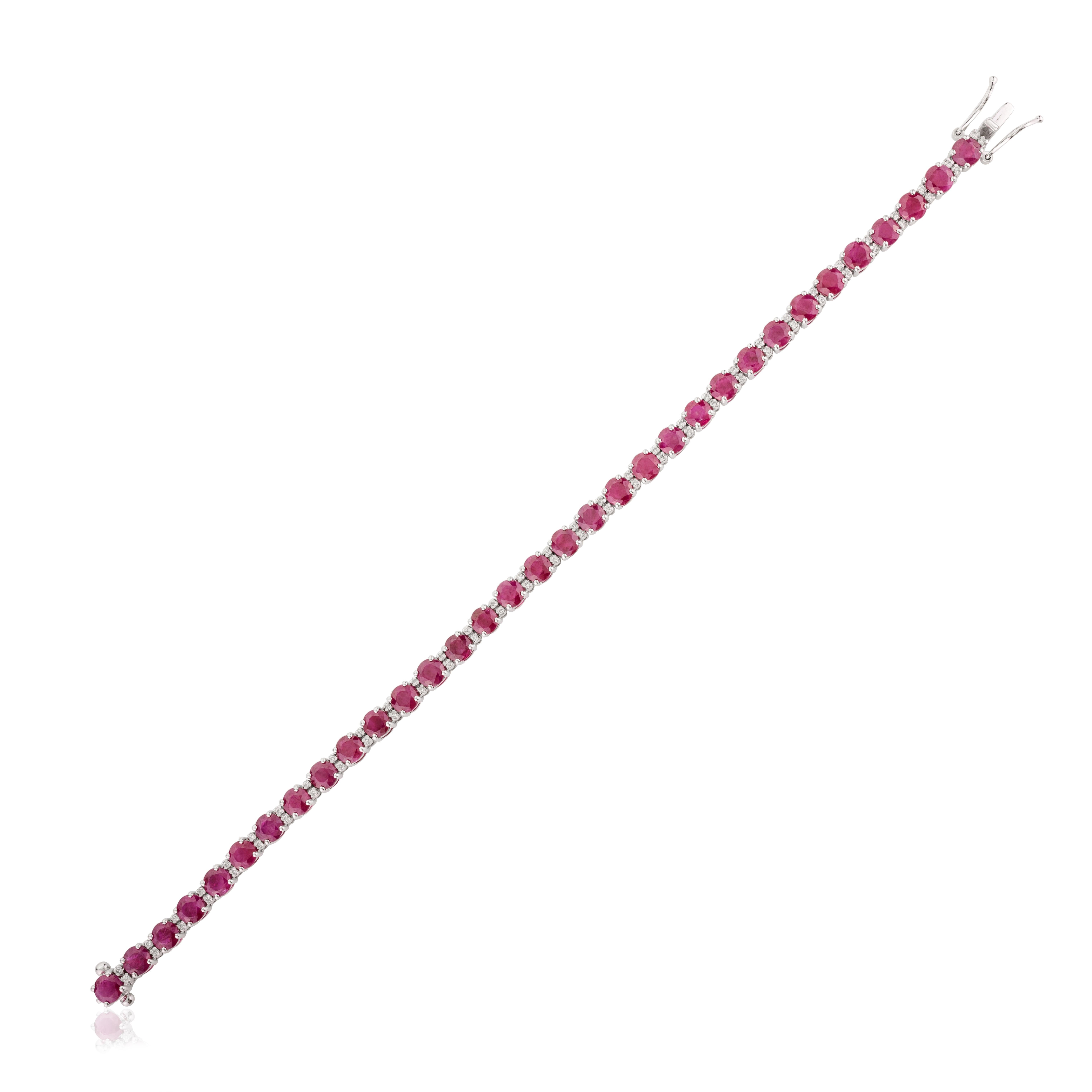 Art Deco Brilliant Round Cut Ruby Diamond Tennis Bracelet for Wedding in 14k White Gold For Sale