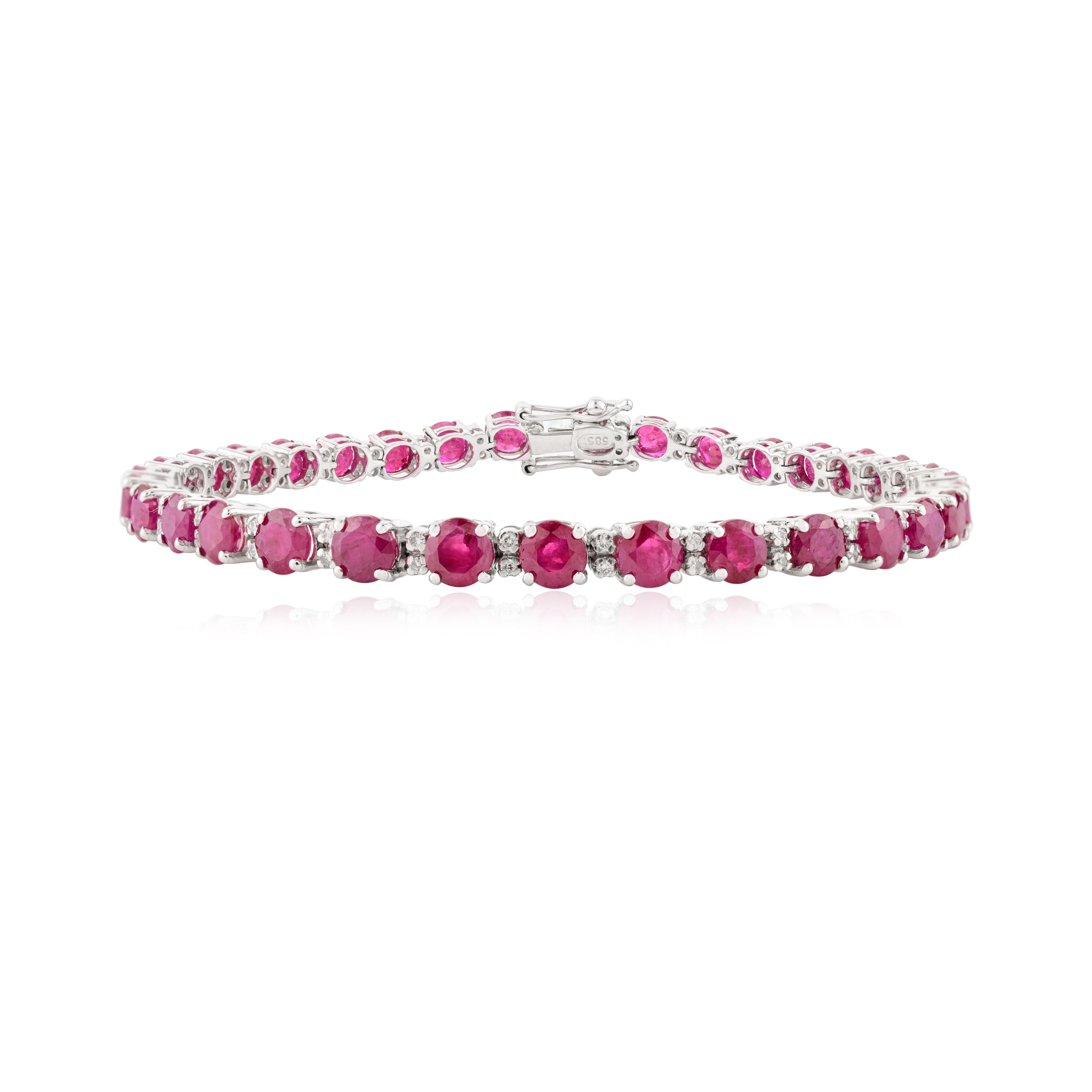 Women's Brilliant Round Cut Ruby Diamond Tennis Bracelet for Wedding in 14k White Gold For Sale